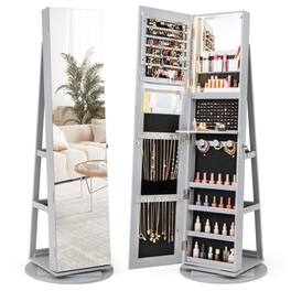 Gymax - 360° Rotating Mirrored Jewelry Cabinet Armoire 3 Color LED Modes Lockable - Gray