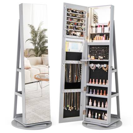Front. Gymax - Gymax 360° Rotating Mirrored Jewelry Cabinet Armoire 3 Color LED Modes Lockable Gray - Gray.