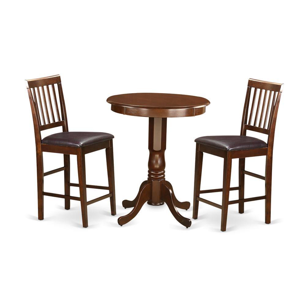 Front. East West Furniture - 3 Pc counter height Dining set - Small Kitchen Table and 2 bar stools. - Mahogany.