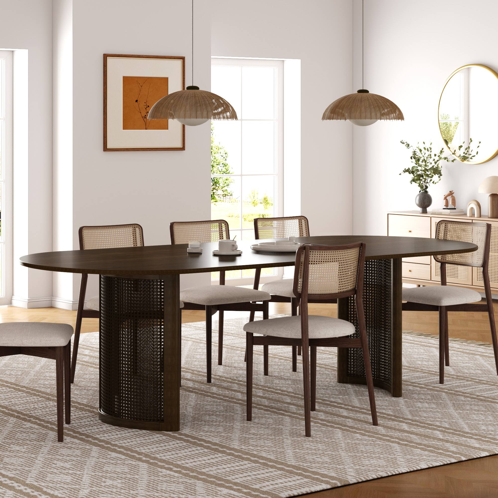 Alt View 2. Lirago - 79" Oval Dining Table Solid Wood - Double Pedestal Kitchen Table, Classic Dining Room Table for Home,rattan weaving - Brown.