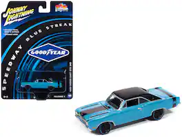 Johnny Lightning - 1969 Dodge Dart GTS 340 Blue with Black Top and Stripes "Goodyear Blue Streak" "Pop Culture" 2025 Release 1 1/64 - Blue and BLack