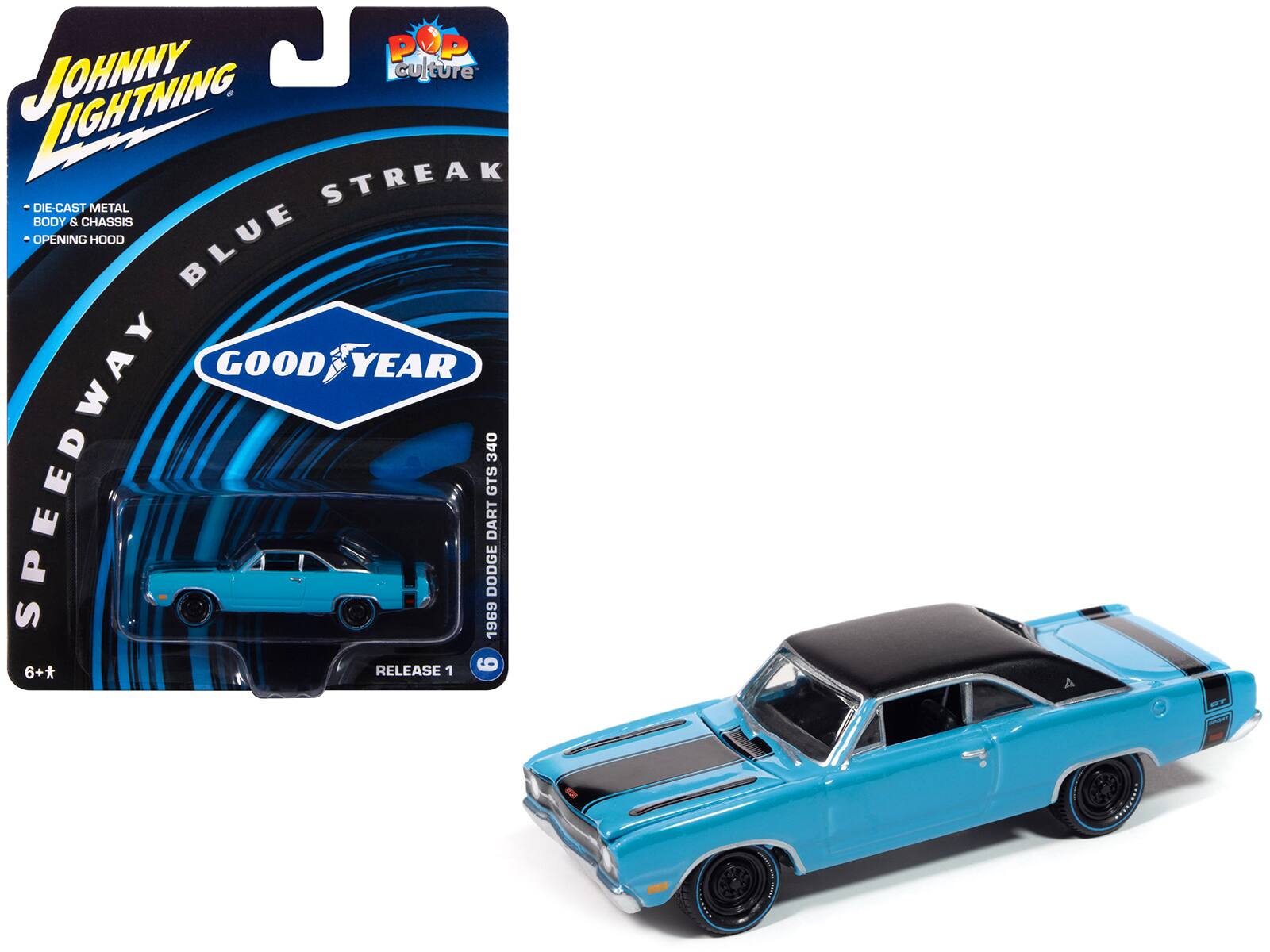Johnny Lightning - 1969 Dodge Dart GTS 340 Blue with Black Top and Stripes "Goodyear Blue Streak" "Pop Culture" 2025 Release 1 1/64 - Blue and BLack