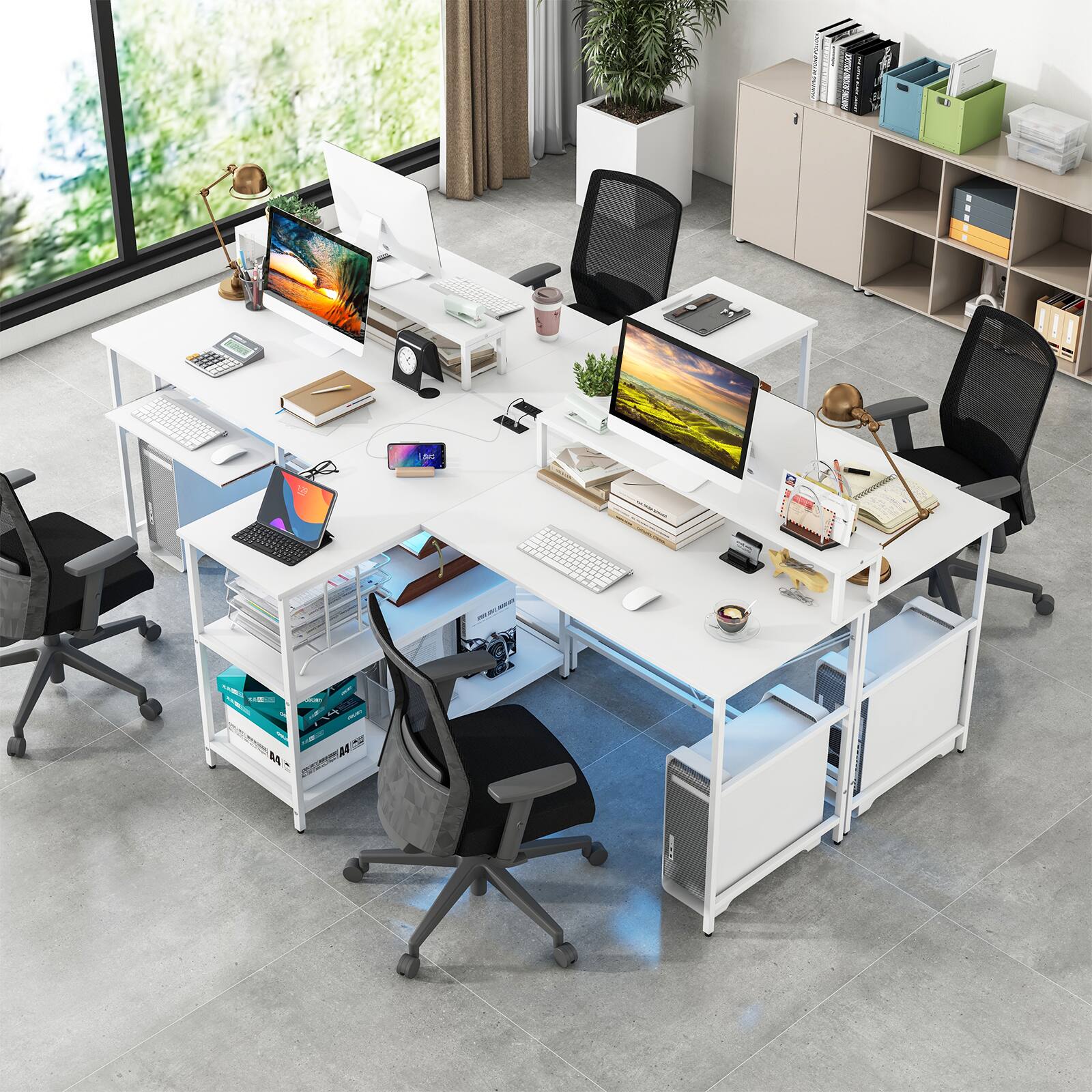 Alt View 1. SlickBlue - 2-Person Long Reversible Computer Desk with LED Lights and Storage Space - White.