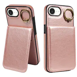 Dteck - for Apple iPhone 17e / 16e Wallet Case,Slim Shockproof Lychee Texture Leather with 360 Ring Stand & Card Holder Cover - Rosegold