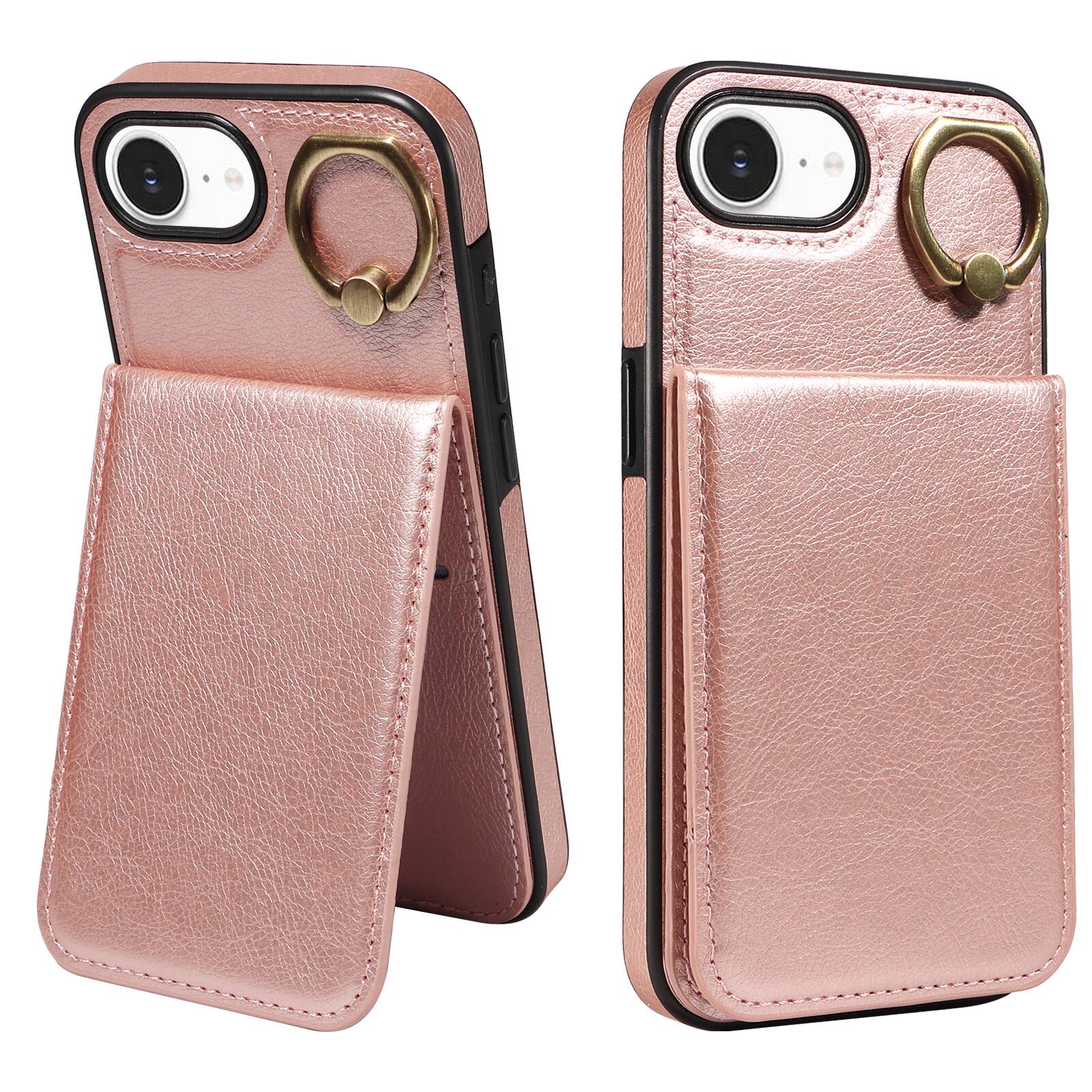 Front. Dteck - for Apple iPhone 17e / 16e Wallet Case,Slim Shockproof Lychee Texture Leather with 360 Ring Stand & Card Holder Cover - Rosegold.
