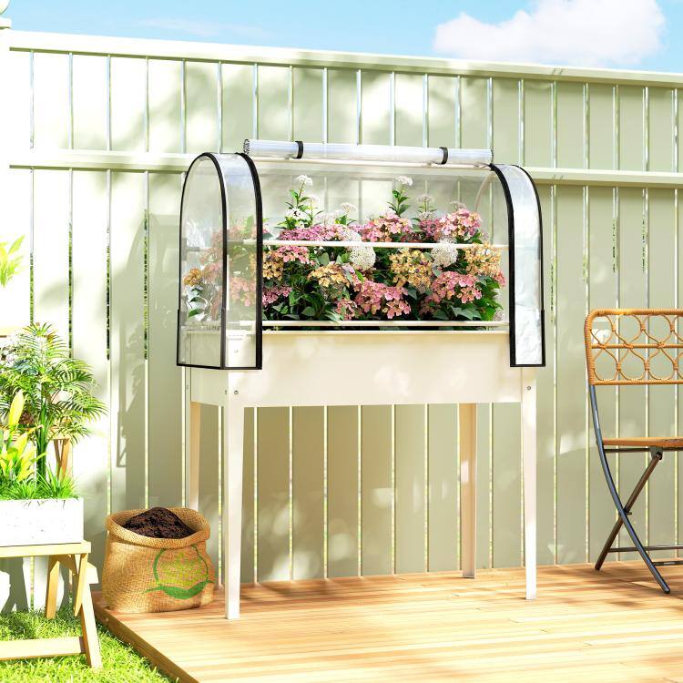 Alt View 1. PULUZ - Raised Garden Bed with Flip-Up Greenhouse Cover, Metal Elevated Garden Bed with Legs and Drainage Hole - White.