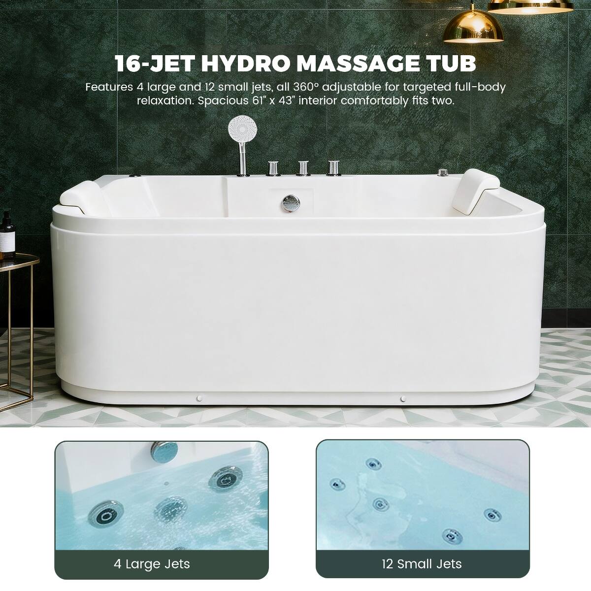 Loheer 61 Inch Acrylic Whirlpool Bathtub for Two with Heater, 16 Water ...