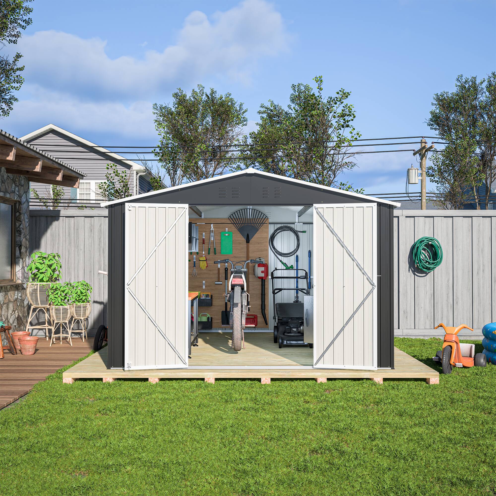 Left. Lirago - 10x12 FT Outdoor Storage Shed All-Weather Metal Shed with Lockable Doors - Black.