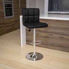 Emma + Oliver - Quilted Vinyl Swivel Adjustable Height Barstool with Chrome Base - Black