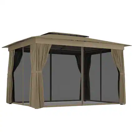 Front. Outsunny - 10' x 12' Outdoor Patio Gazebo, Soft Top Gazebo Canopy Shelter with Double Roof, Curtains, Netting, Steel Frame.