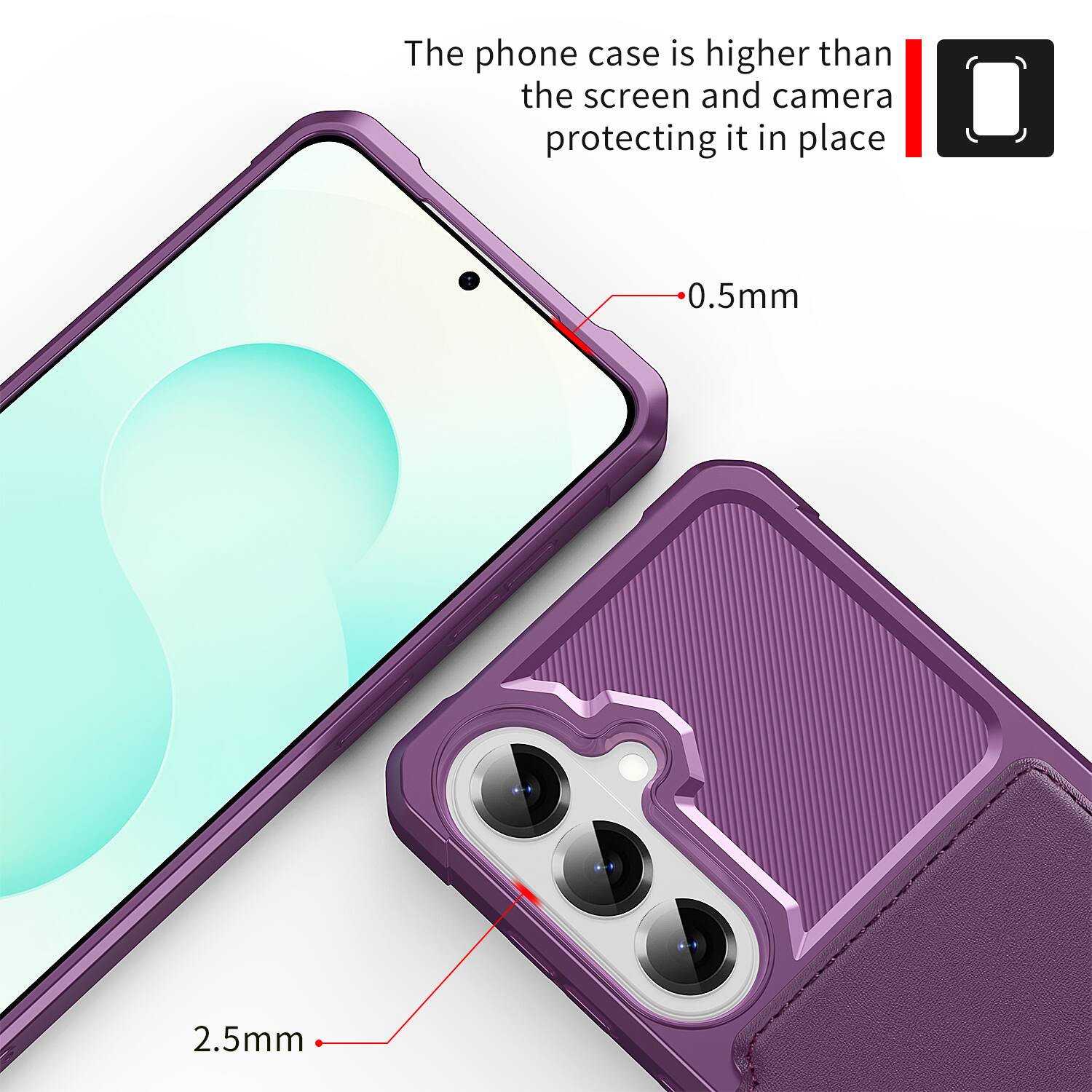 The phone case is higher than the screen and camera protecting it in place. 0.5mm 2.5mm