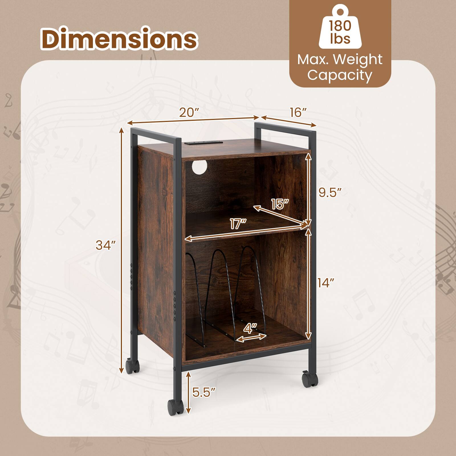Dimensions:
- 20" (width)
- 16" (depth)
- 34" (height)
- 17" (shelf height)
- 9.5" (shelf depth)
- 14" (shelf width)
- 4" (shelf depth)
- 5.5" (leg height)

Max. Weight Capacity: 180 lbs