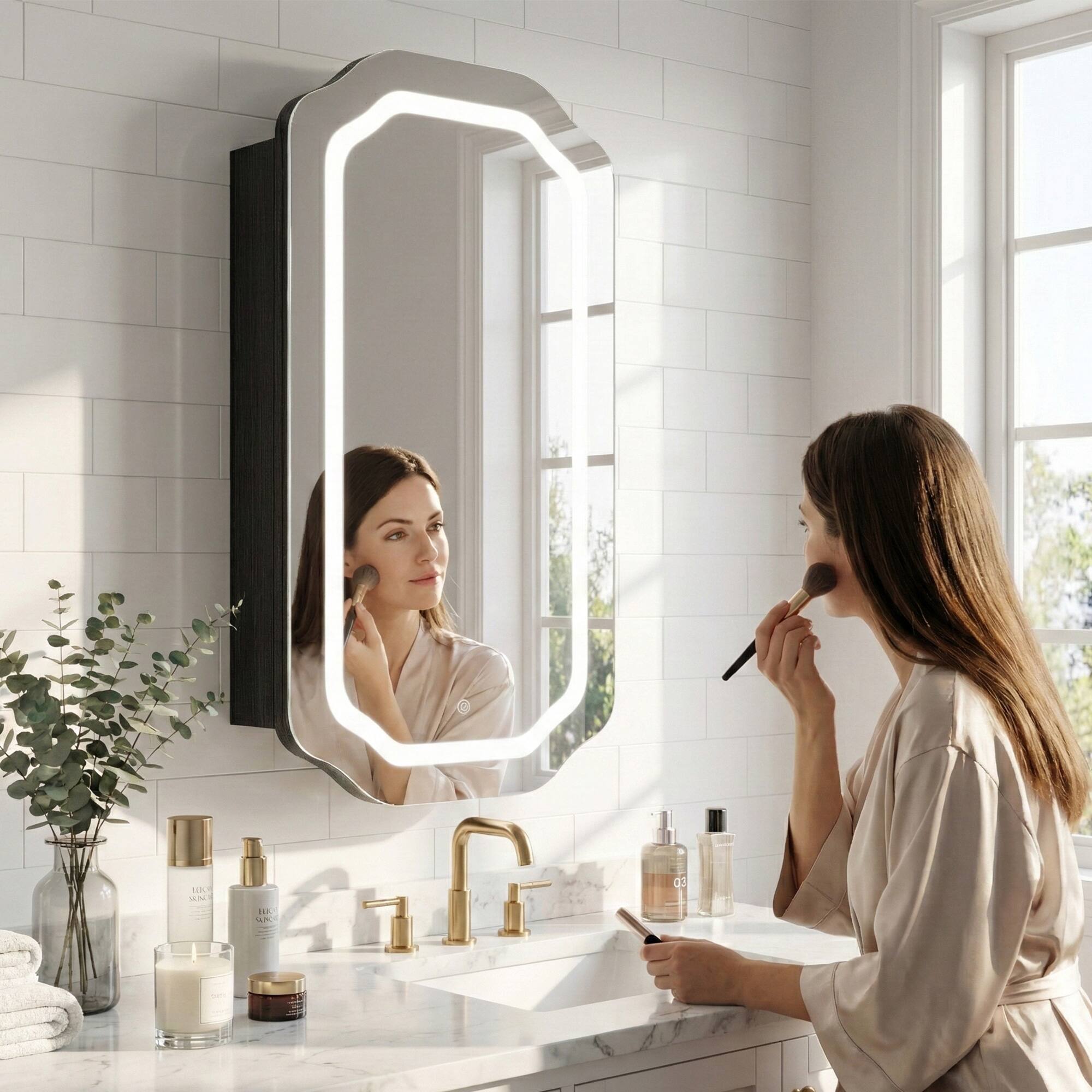 Back. DIYSET - LED Medicine Cabinet Mirror, Bathroom Mirror with Storage, Dimmable LED Mirror, Recessed Medicine Cabinet - Black.