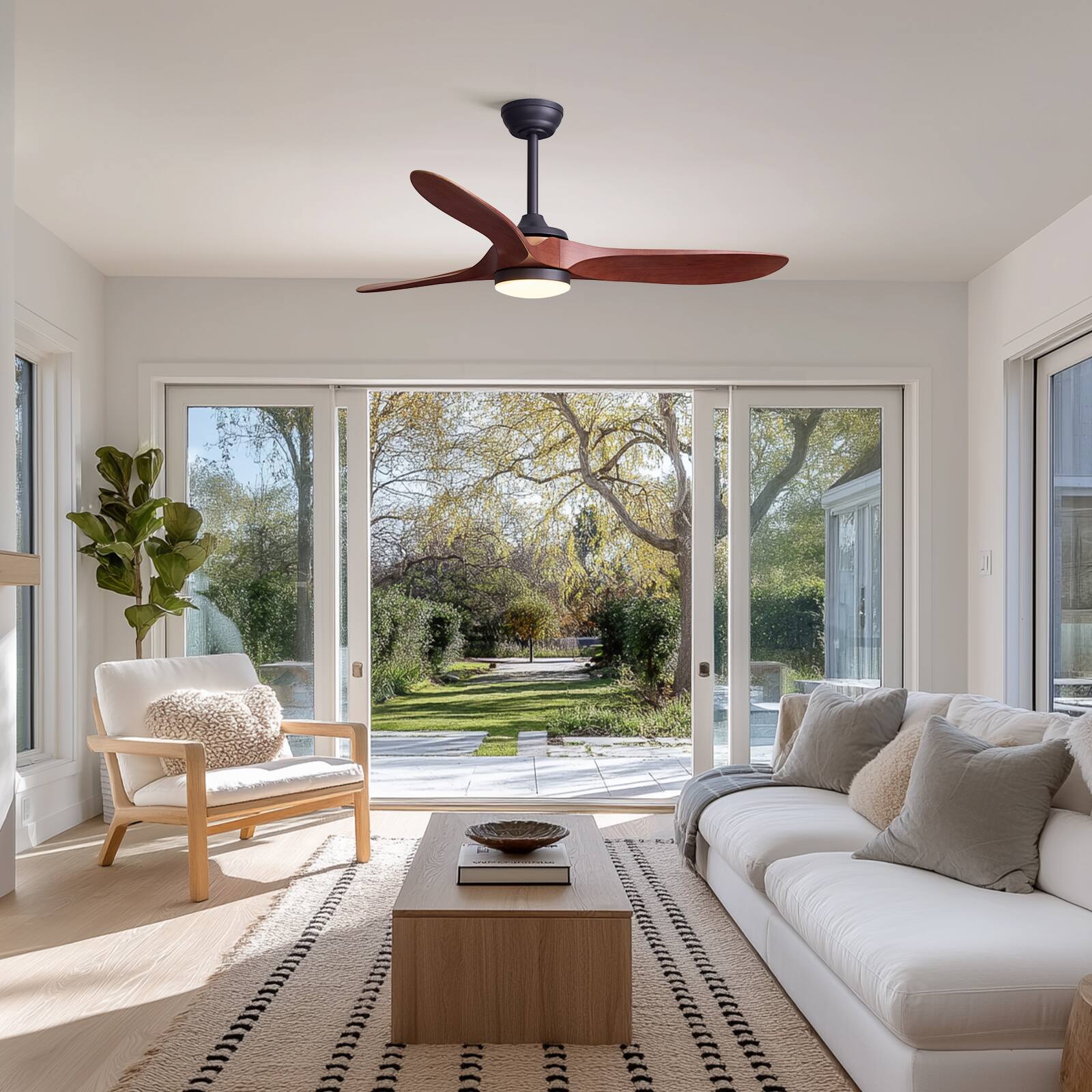 Angle. Siljoy - 52 Inch 3-Blade Red Brown Solid Wood Ceiling Fan with LED Light, Remote & App Control for Bedroom Living Room - BROWN.