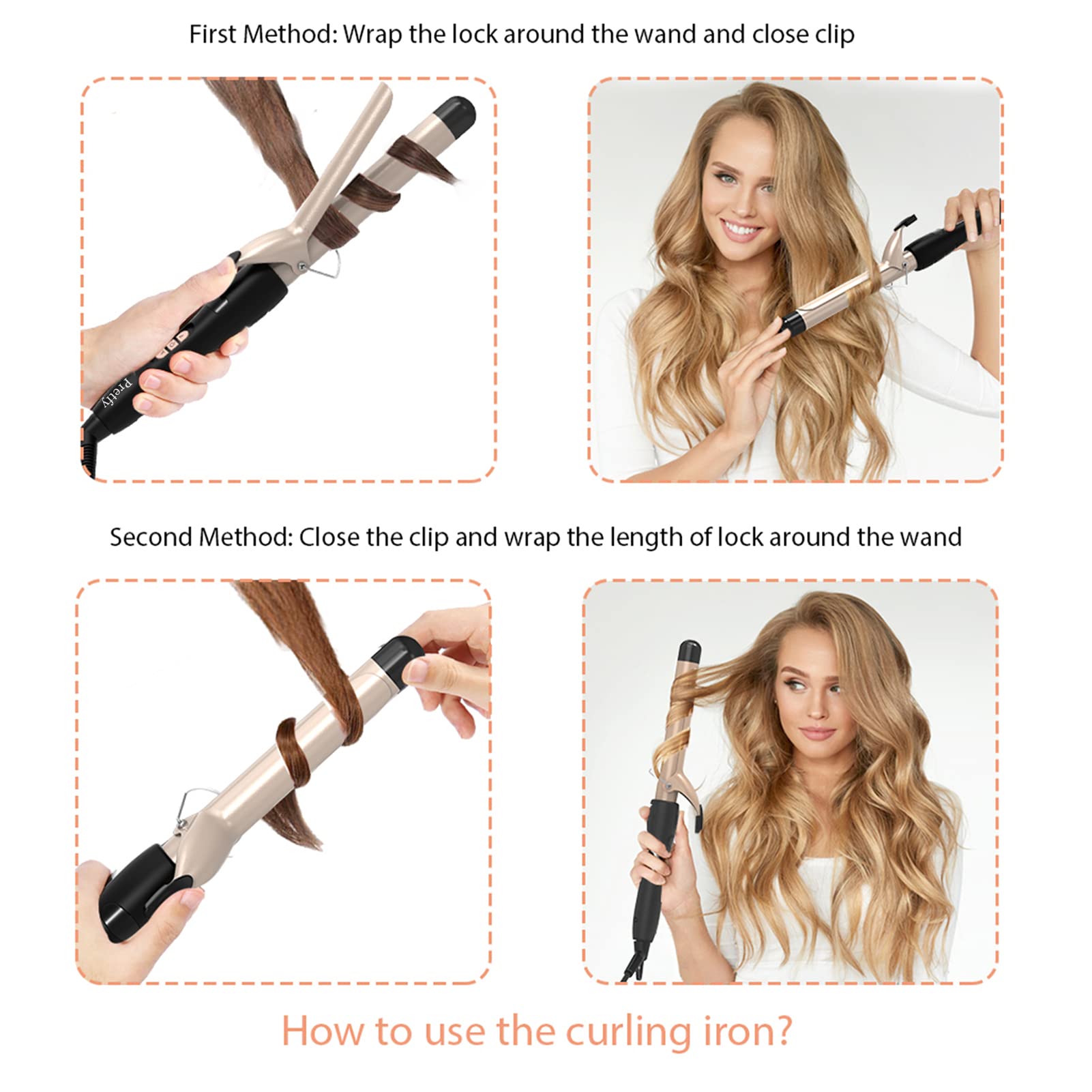 First Method: Wrap the lock around the wand and close clip

Second Method: Close the clip and wrap the length of lock around the wand

How to use the curling iron?