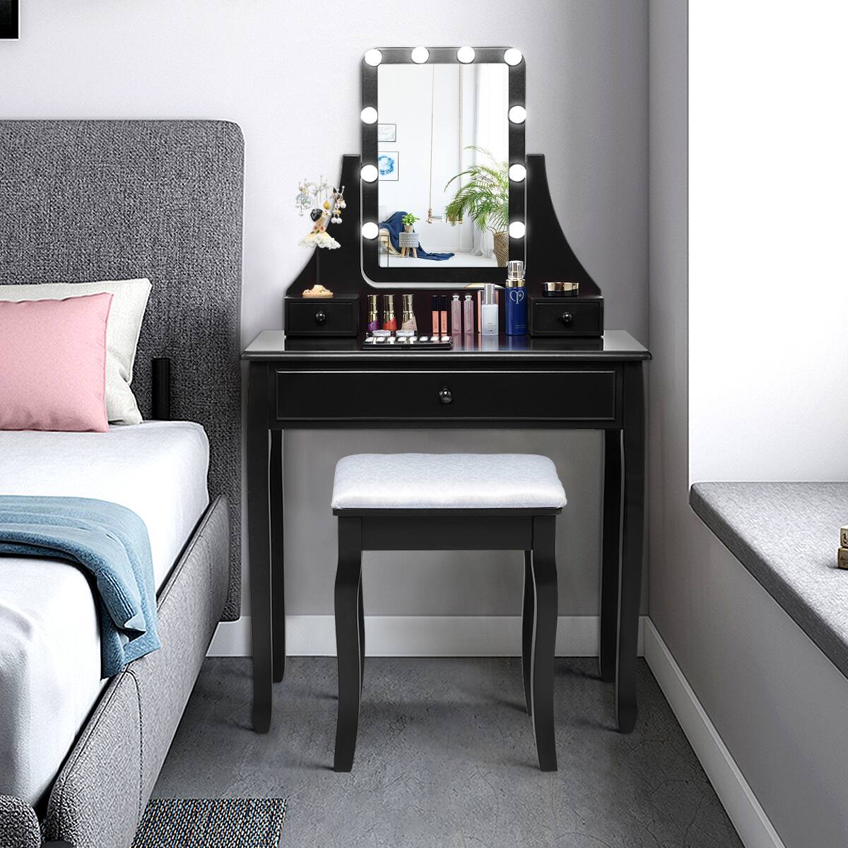 Alt View 7. Costway - Costway Vanity Table 10 Dimmable Bulbs Makeup Dressing Desk - Black.