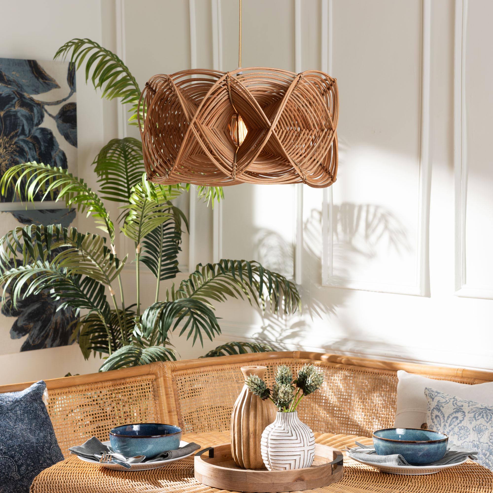 Angle. bali & pari - Jeneth Natural Rattan Pendant Lampshade - Coastal Boho Ceiling Light Cover with Handcrafted Geometric Design - Natural Brown.