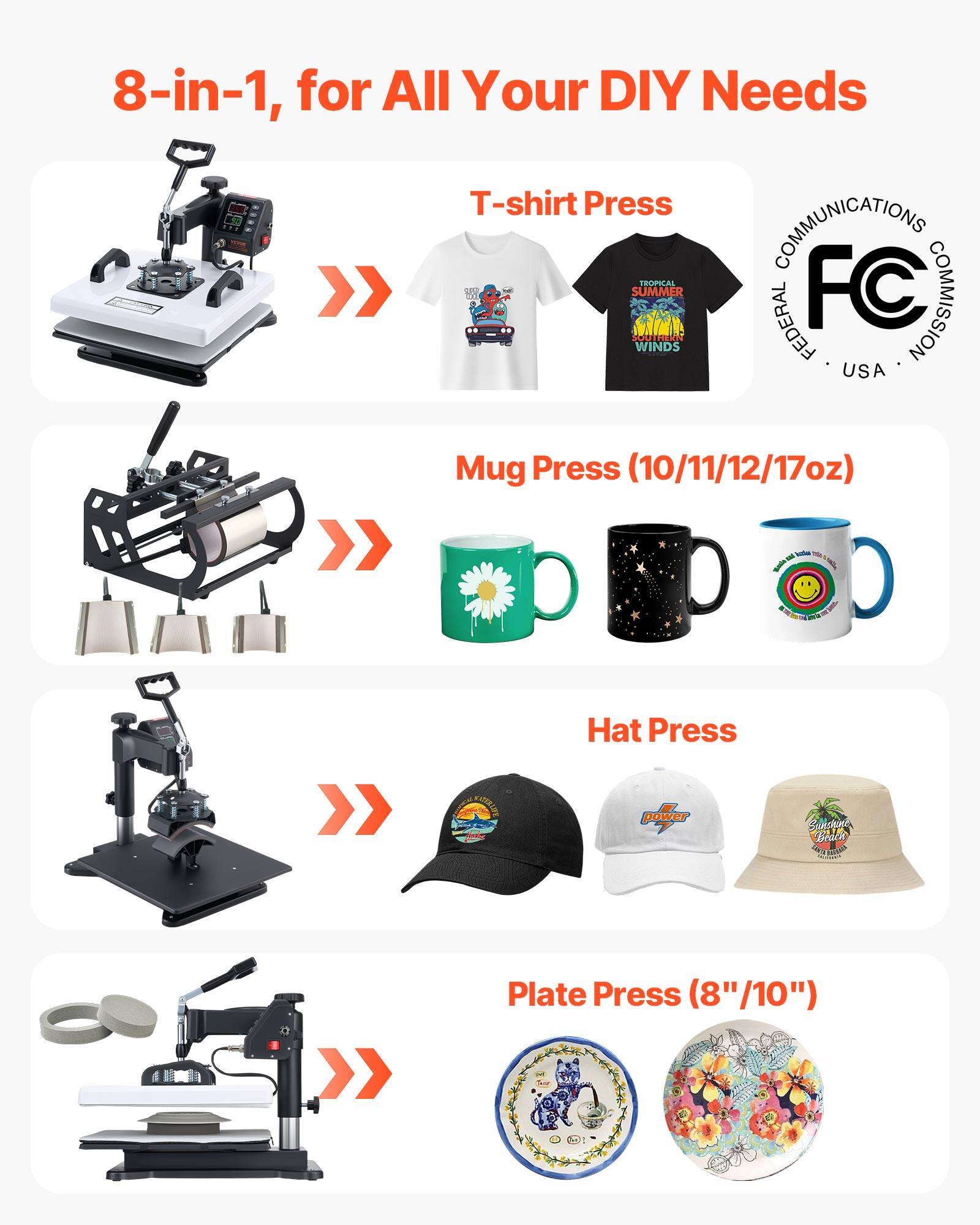 8-in-1, for All Your DIY Needs

T-shirt Press

Mug Press (10/11/12/17oz)

Hat Press

Plate Press (8"/10")