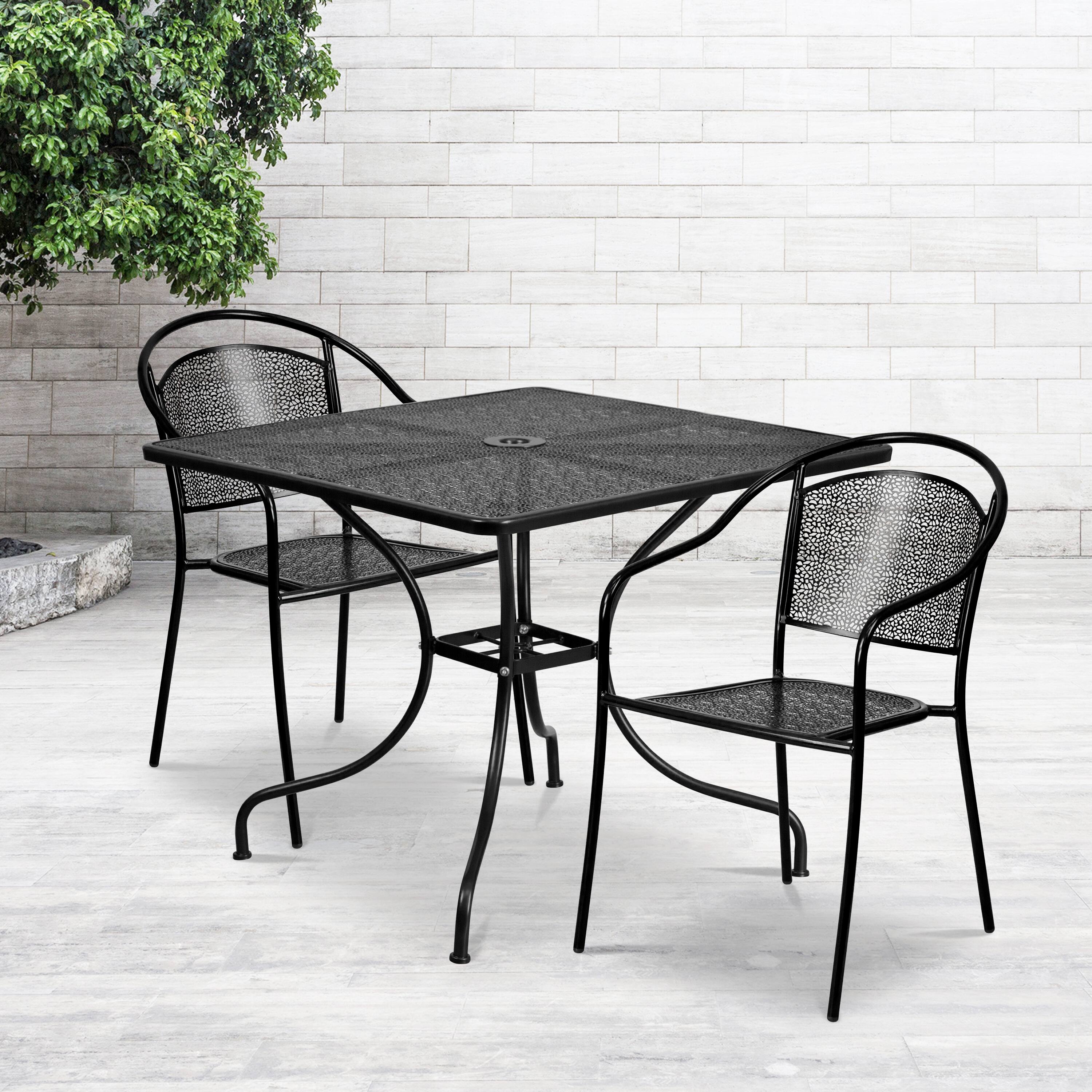 Alt View 1. Emma + Oliver - Commercial 35.5" Square Metal Garden Patio Table Set w/ 2 Round Back Chairs - Black.