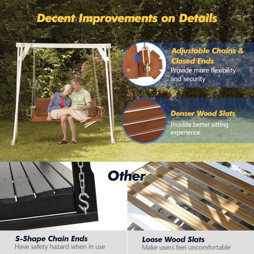 Decent Improvements on Details

- Adjustable Chains & Closed Ends
  - Provide more flexibility and security

- Denser Wood Slats
  - Provide better sitting experience

Other

- S-Shape Chain Ends
  - Have safety hazard when in use

- Loose Wood Slats
  - Make users feel uncomfortable