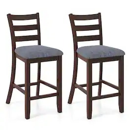 Costway - Set of 2 Barstools Counter Height Chairs w/Fabric Seat & Rubber Wood Legs - Grey,Brown