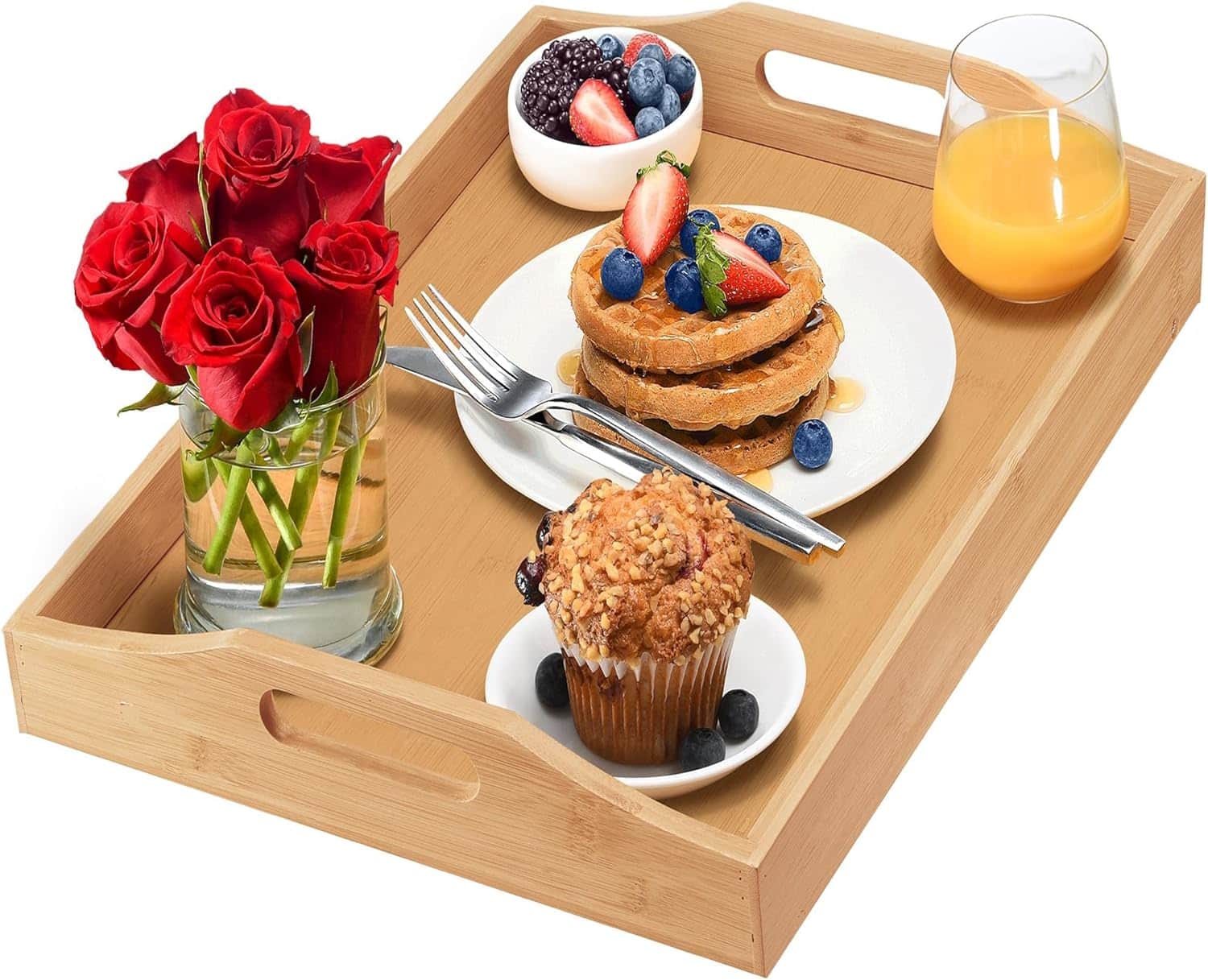 Home It - Bamboo Serving Tray with Handles – Wooden Breakfast Tray for Coffee, Tea, Dinner, Food Serving, Decorative Table Platter - BEIGE