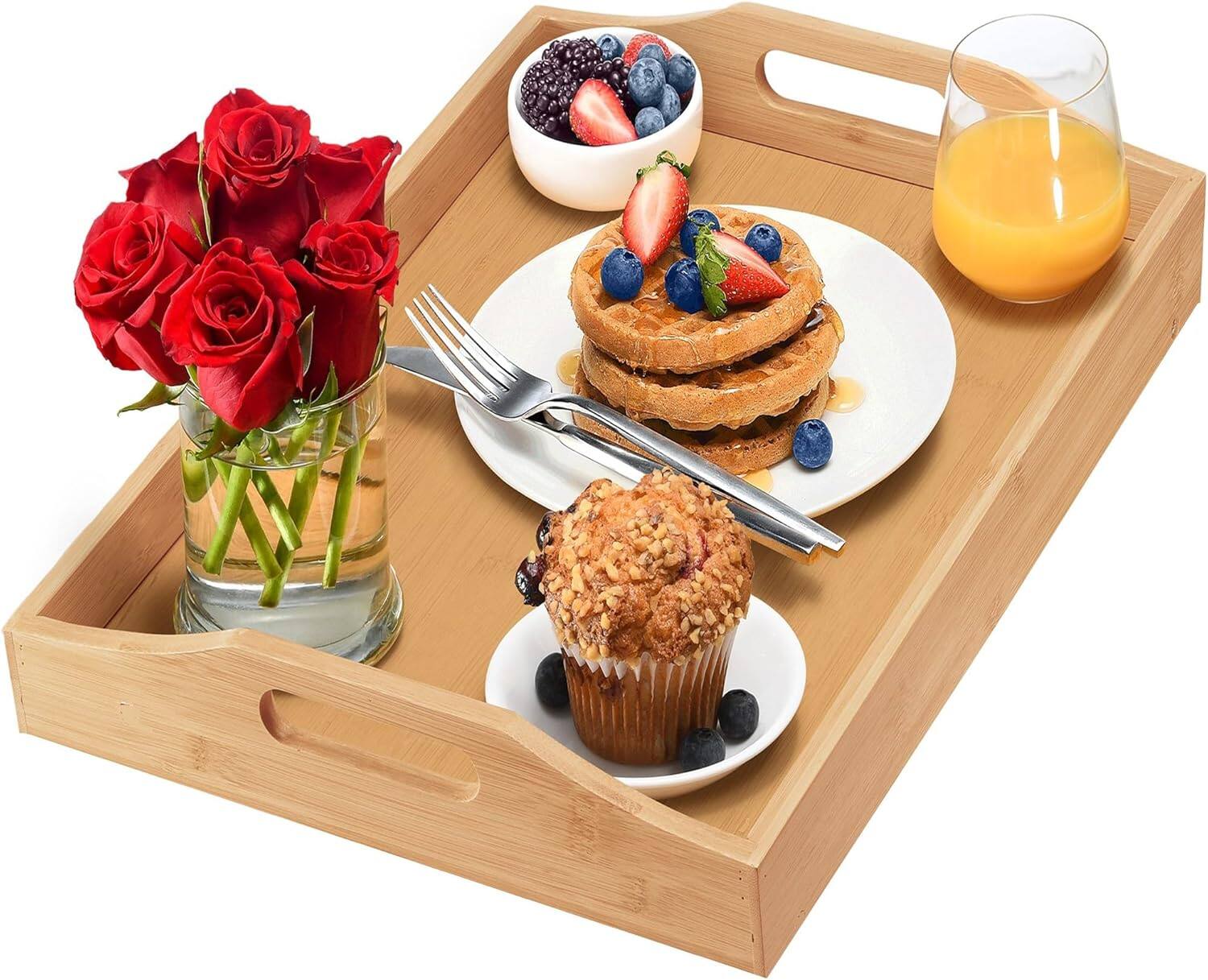 Front. Home It - Bamboo Serving Tray with Handles – Wooden Breakfast Tray for Coffee, Tea, Dinner, Food Serving, Decorative Table Platter - BEIGE.