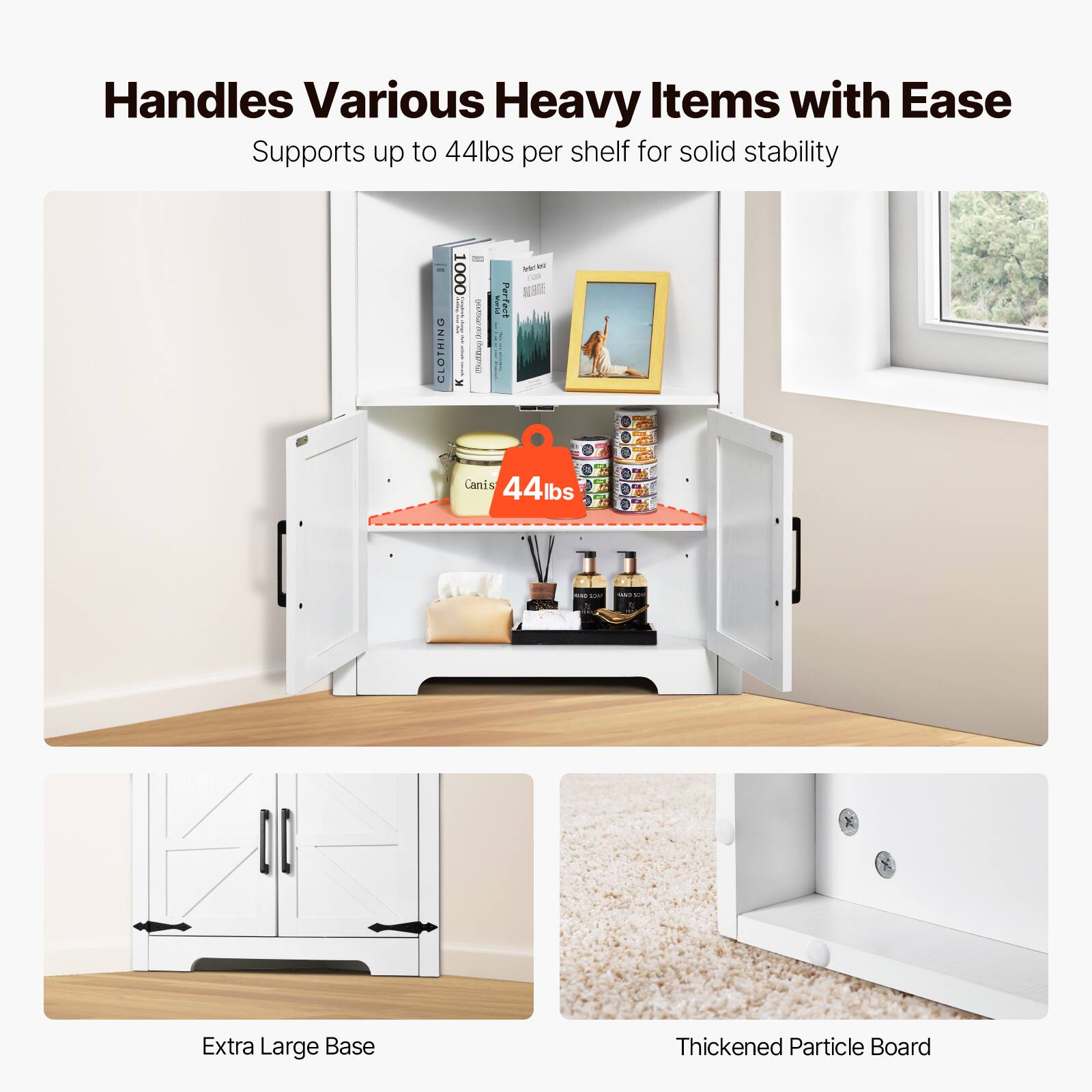 Handles Various Heavy Items with Ease. Supports up to 44lbs per shelf for solid stability. CLOTHING P 1000. Extra Large Base. Thickened Particle Board.