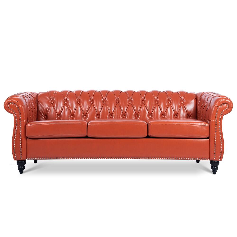 Back. Loheer - Loheer 84.65 Inch Rolled Arm Chesterfield 3 Seater Sofa PU Leather Couch Vintage Tufted Back Living Room Sofa - Brown.