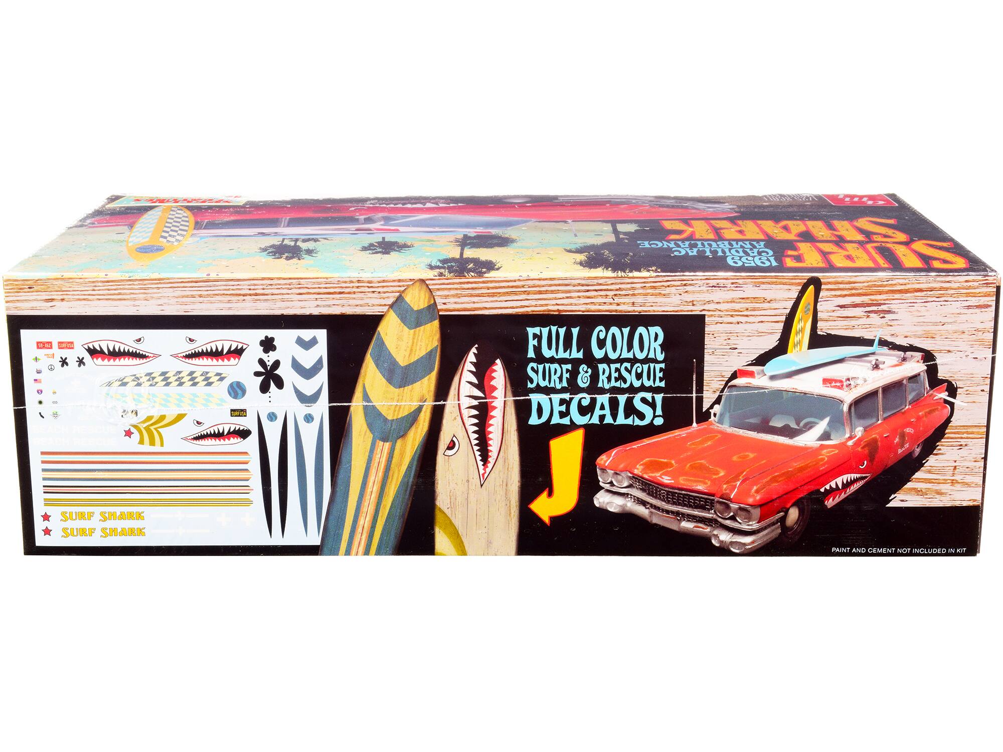 NA SHARK AMEULANCE CADILLAC AC SURF 1959. d te tee e ee SURF SHARK SURF SHARK Sa FULL COLOR SURF & RESCUE DECALS! A M PAINT AND CEMENT NOT INCLUDED IN KIT