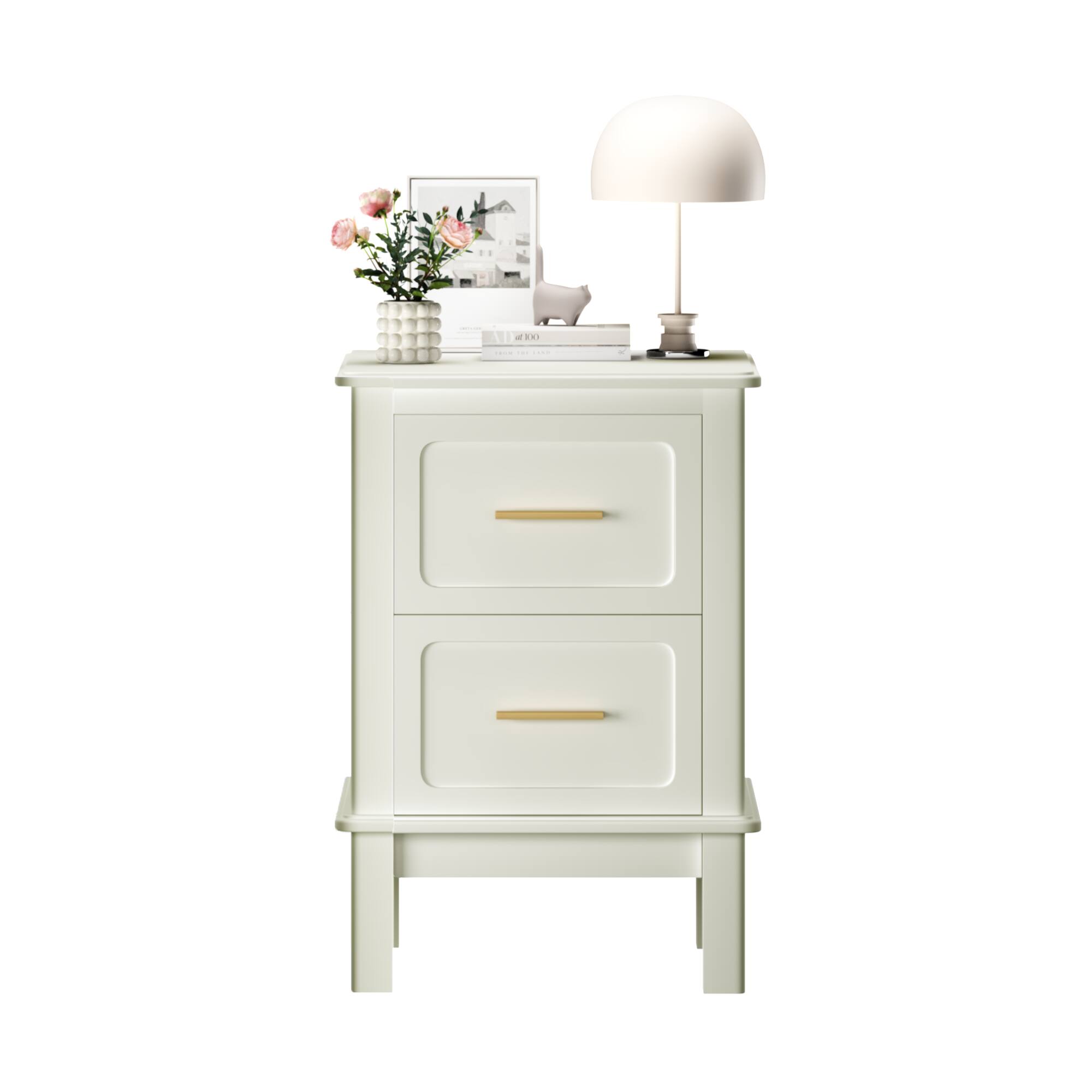 Alt View 4. Z-Edge - Modern Nightstand with 2 Drawers, Bedside Table with Gold Handles, Wood Accent Table for Bedroom, Living Room - Cream White.