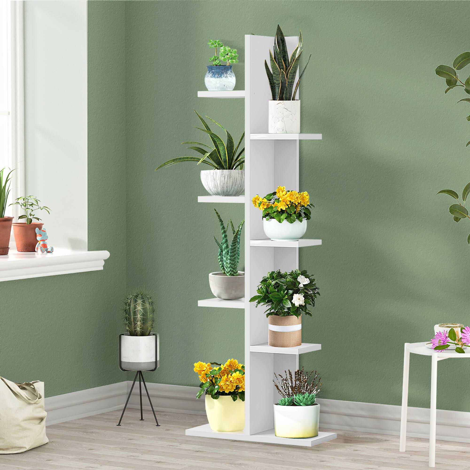 Alt View 15. Costway - Open Concept Bookshelf Plant Display Shelf Rack Storage Holder Wooden White - White.