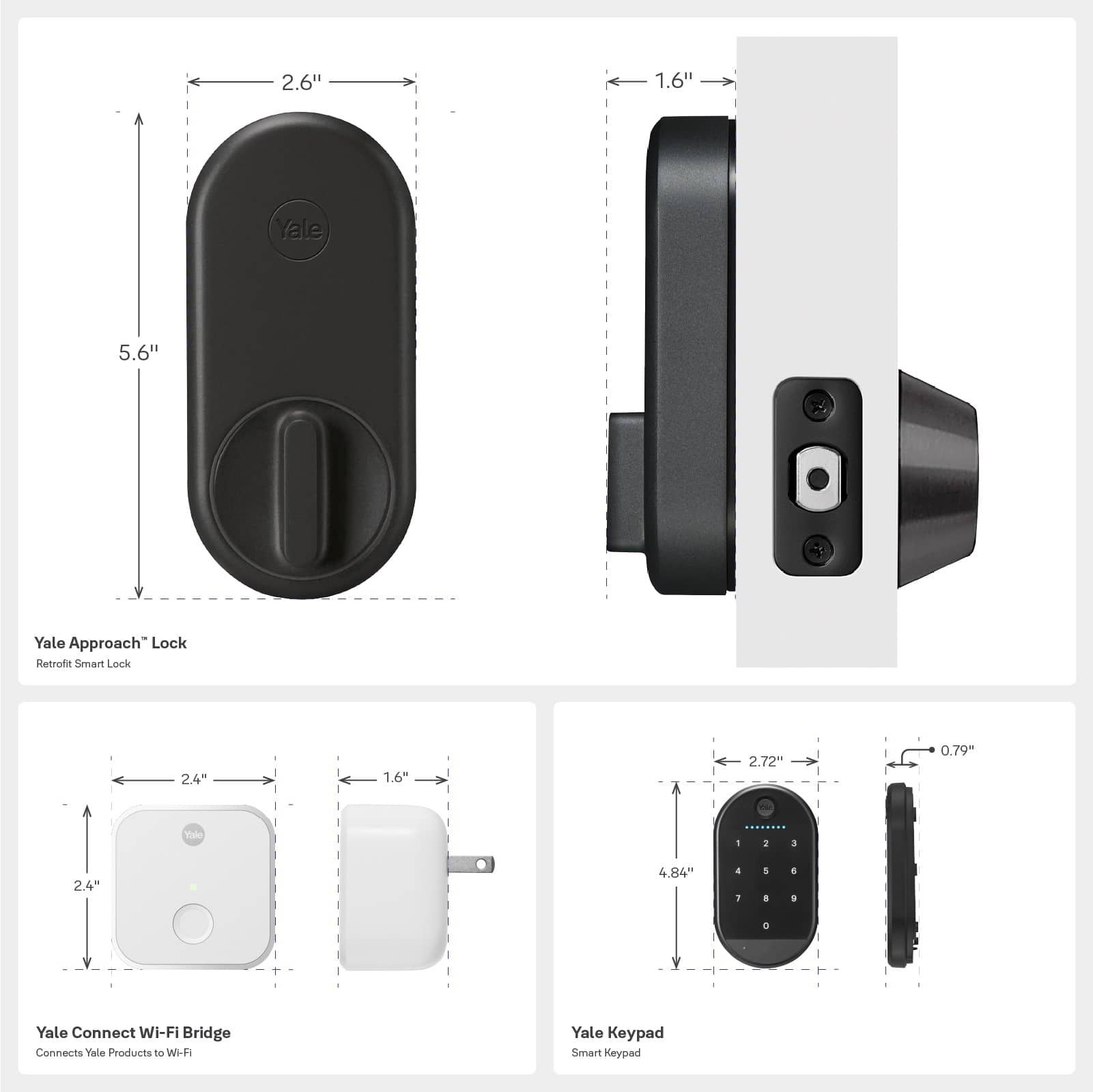 1. Yale Approach Lock: 2.6" x 1.6"
2. Yale Connect WI-FI Bridge: 2.4" x 1.6"
3. Yale Keypad Smart Keypad: 2.4" x 0.79"
4. Vale Products: 1.6" x 0.79"
5. Hetrola Smart Lock: 2.4" x 1.6"
