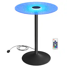 Songmics Home - Round Bar Table, 41.3 Inches Tall Cocktail Pub Table with Multi-Colored Lights and Glass Top, Large Steel Base - Cloud White and Ink