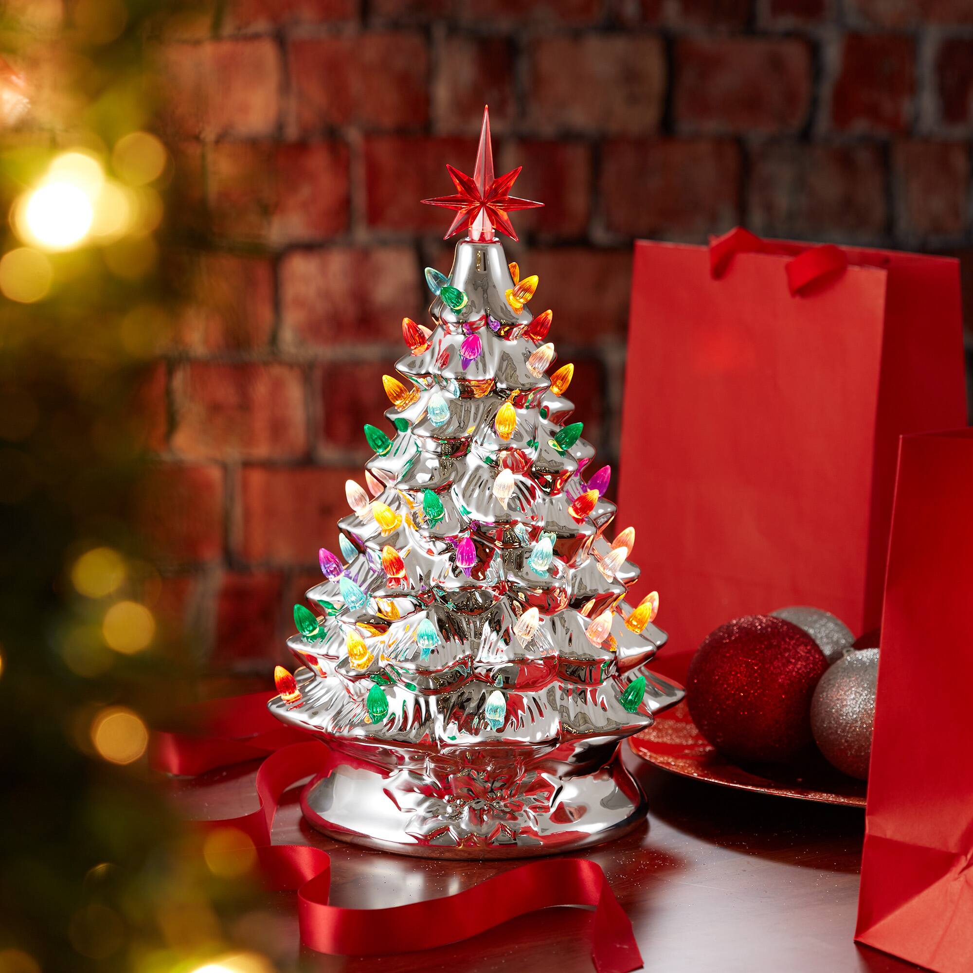 Alt View 6. Casafield - 15-in Hand Painted Ceramic Christmas Tree - Pre-Lit Tree with Star - Silver.