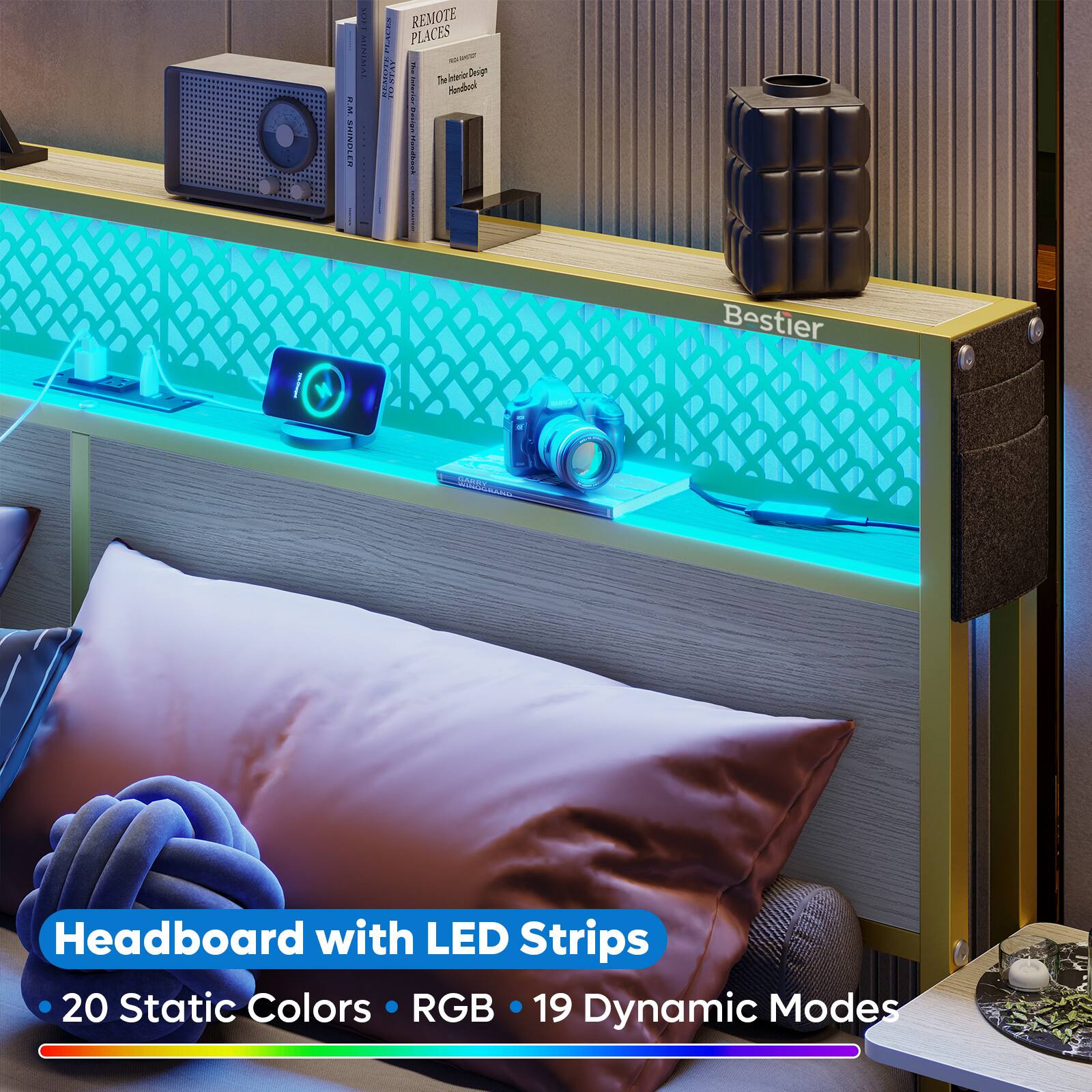 Headboard with LED Strips  
- 20 Static Colors  
- RGB  
- 19 Dynamic Modes