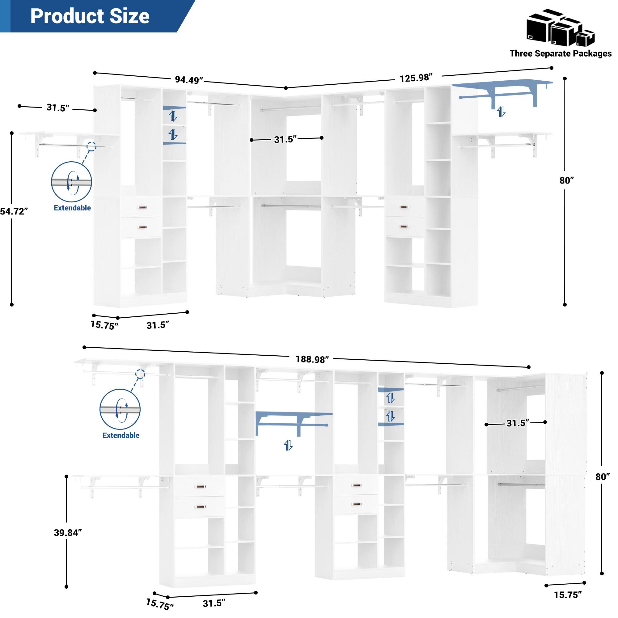 Product Size

Three Separate Packages

- 94.49"
- 125.98"
- 31.5"
- 54.72"
- 80"
- 15.75"
- 188.98"
- 39.84"

Extendable