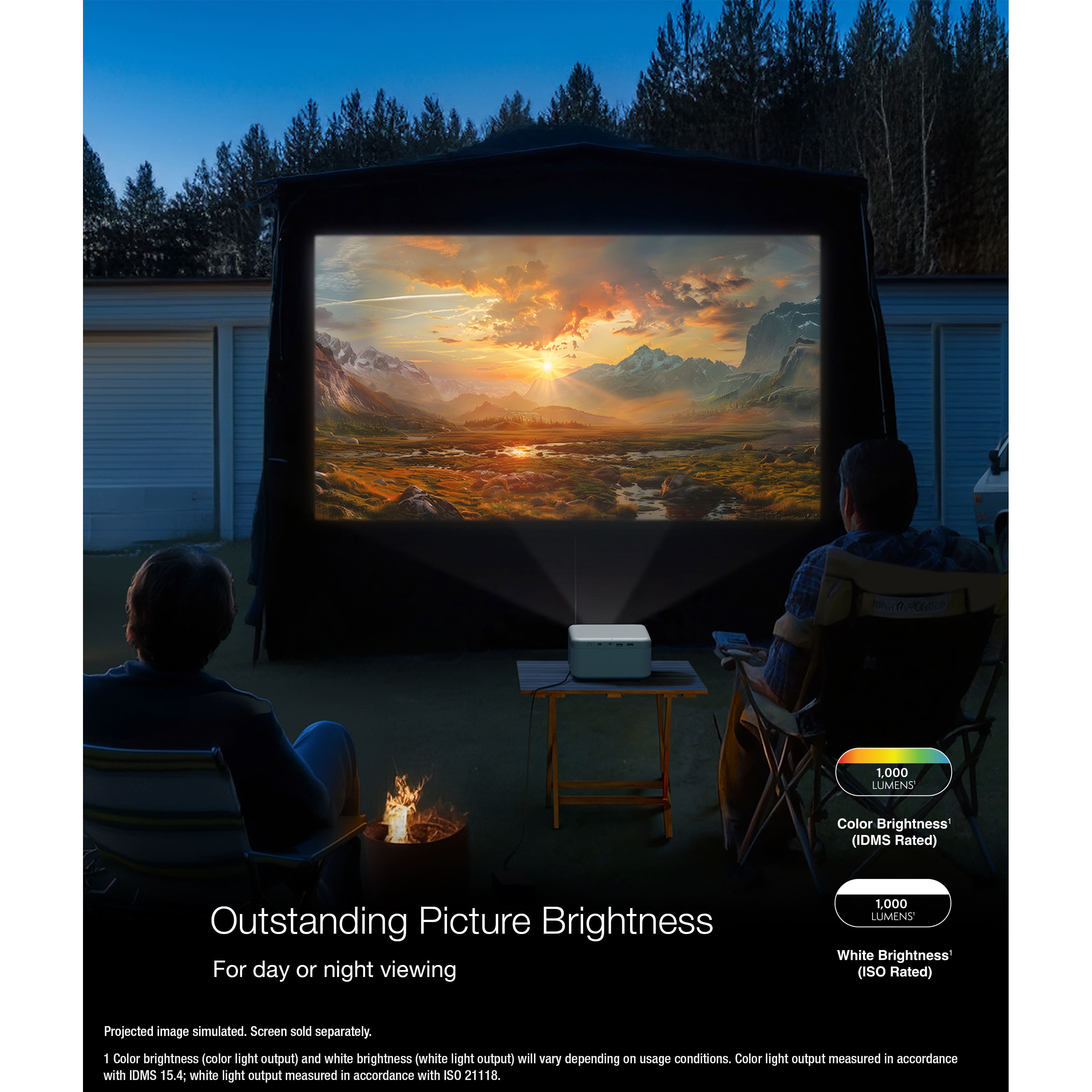 Outstanding Picture Brightness For day or night viewing 1,000 LUMENS Color Brightness (IDMS Rated) Projected image simulated. Screen sold separately. 1 Color brightness (color light output) and white brightness (white light output) will vary depending on usage conditions. Color light output measured in accordance with IDMS 15.4; white light output measured in accordance with ISO 21118.