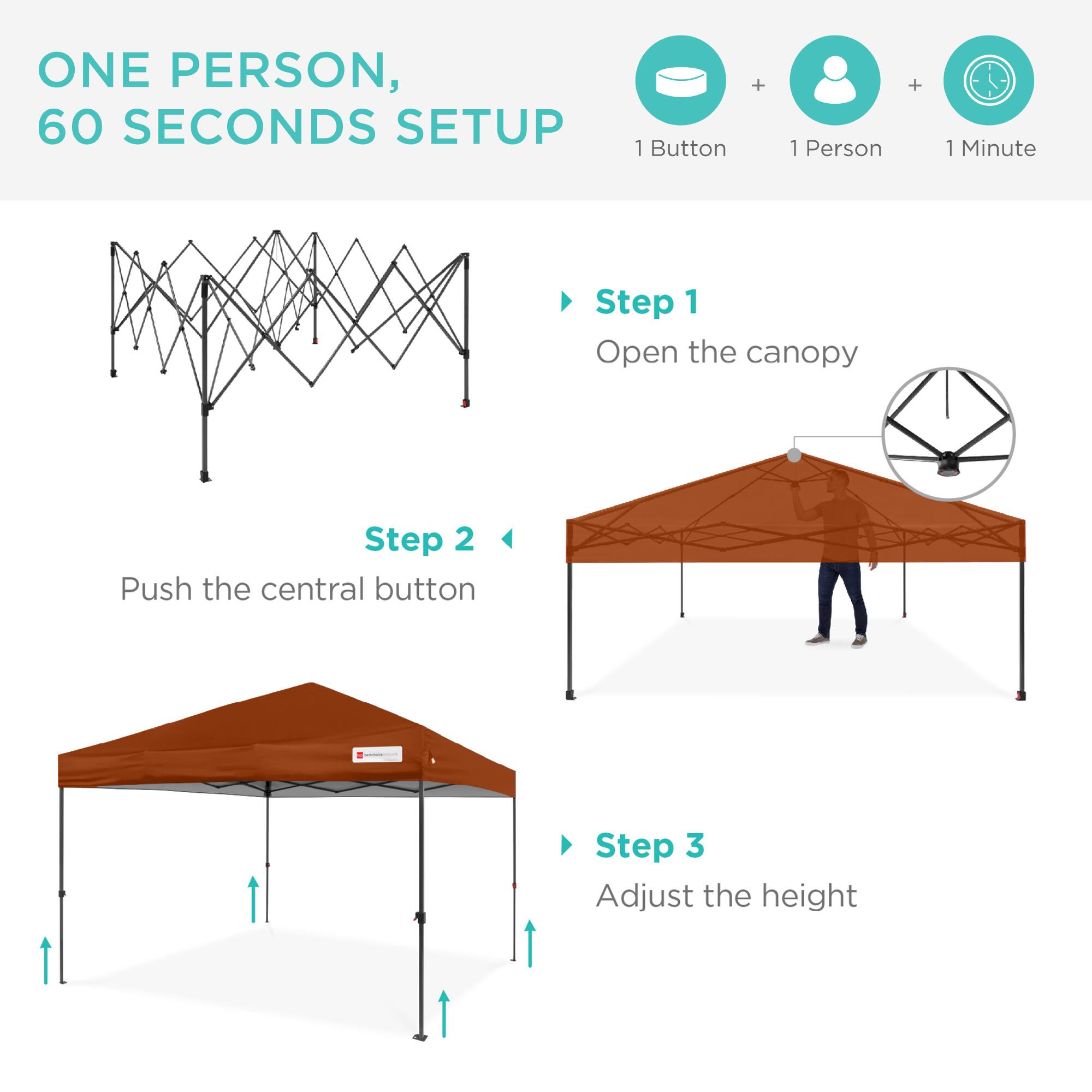 ONE PERSON, 60 SECONDS SETUP

1 Button + 1 Person + 1 Minute

Step 1
Open the canopy

Step 2
Push the central button

Step 3
Adjust the height