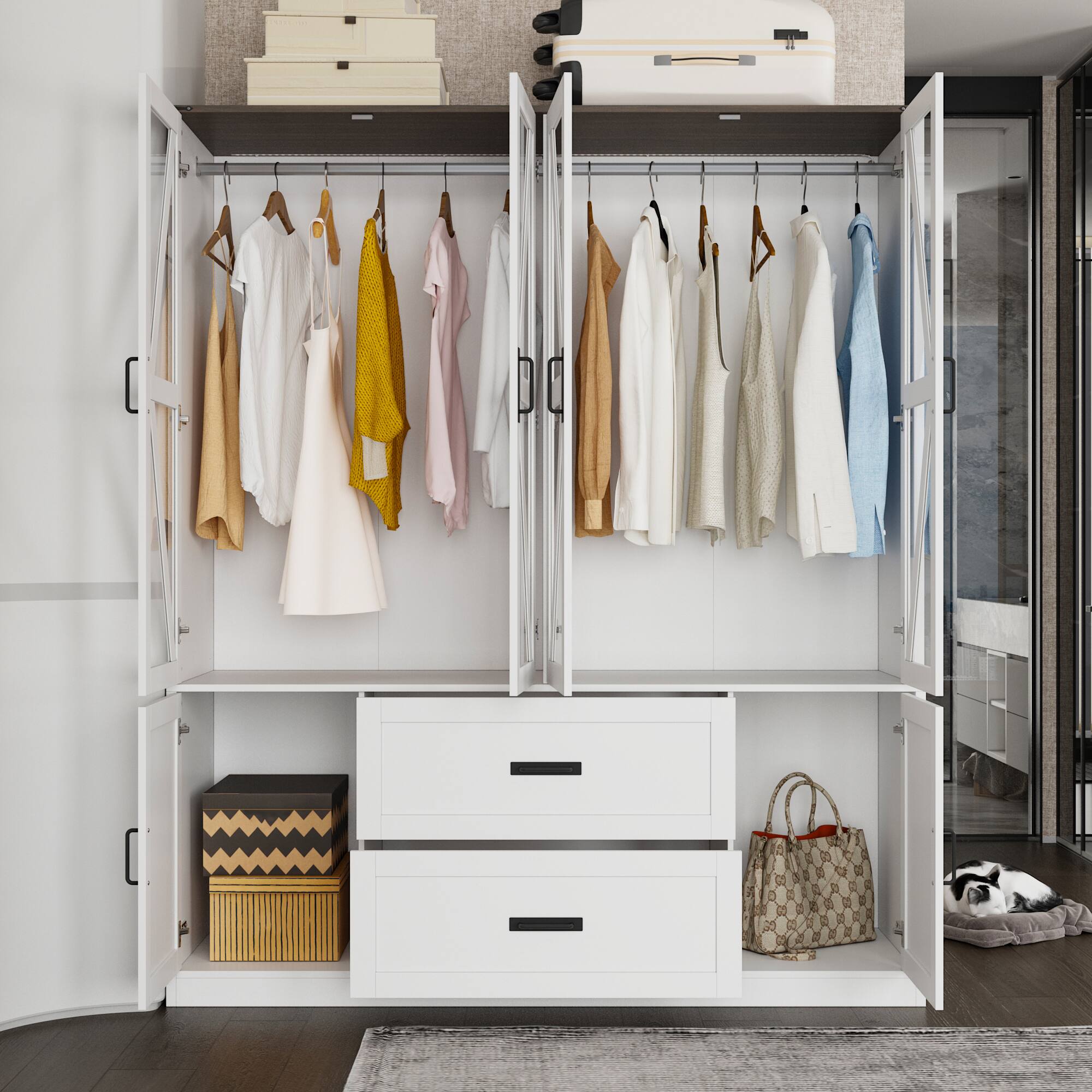 Angle. FUFU&GAGA - Luxury Modern Wardrobe Closet with Glass Doors, LED Lighting System, Hanging Rods, Drawers & Open Shelves - White.