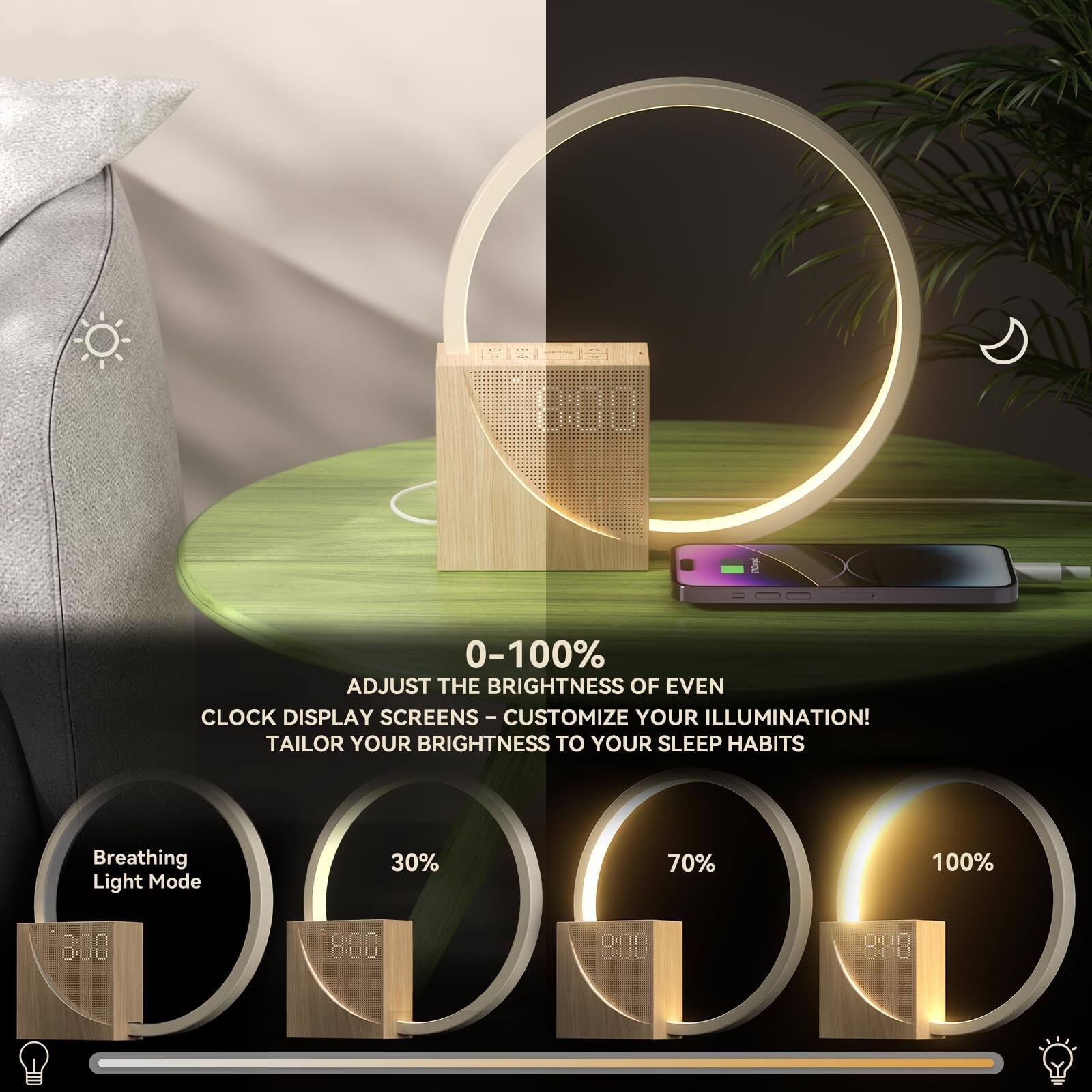 0-100% ADJUST THE BRIGHTNESS OF EVEN CLOCK DISPLAY SCREENS - CUSTOMIZE YOUR ILLUMINATION! TAILOR YOUR BRIGHTNESS TO YOUR SLEEP HABITS

Breathing Light Mode

30% 70% 100%

8:00 8:00 8:00