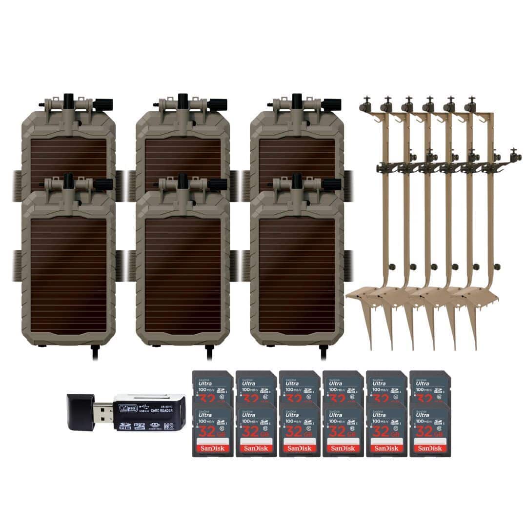 Stealth Cam - Mounting Post for Camera& Solar Pak with 12V Solar Battery Pack 32GB Memory Cards and Card Reader (6 Pack)
