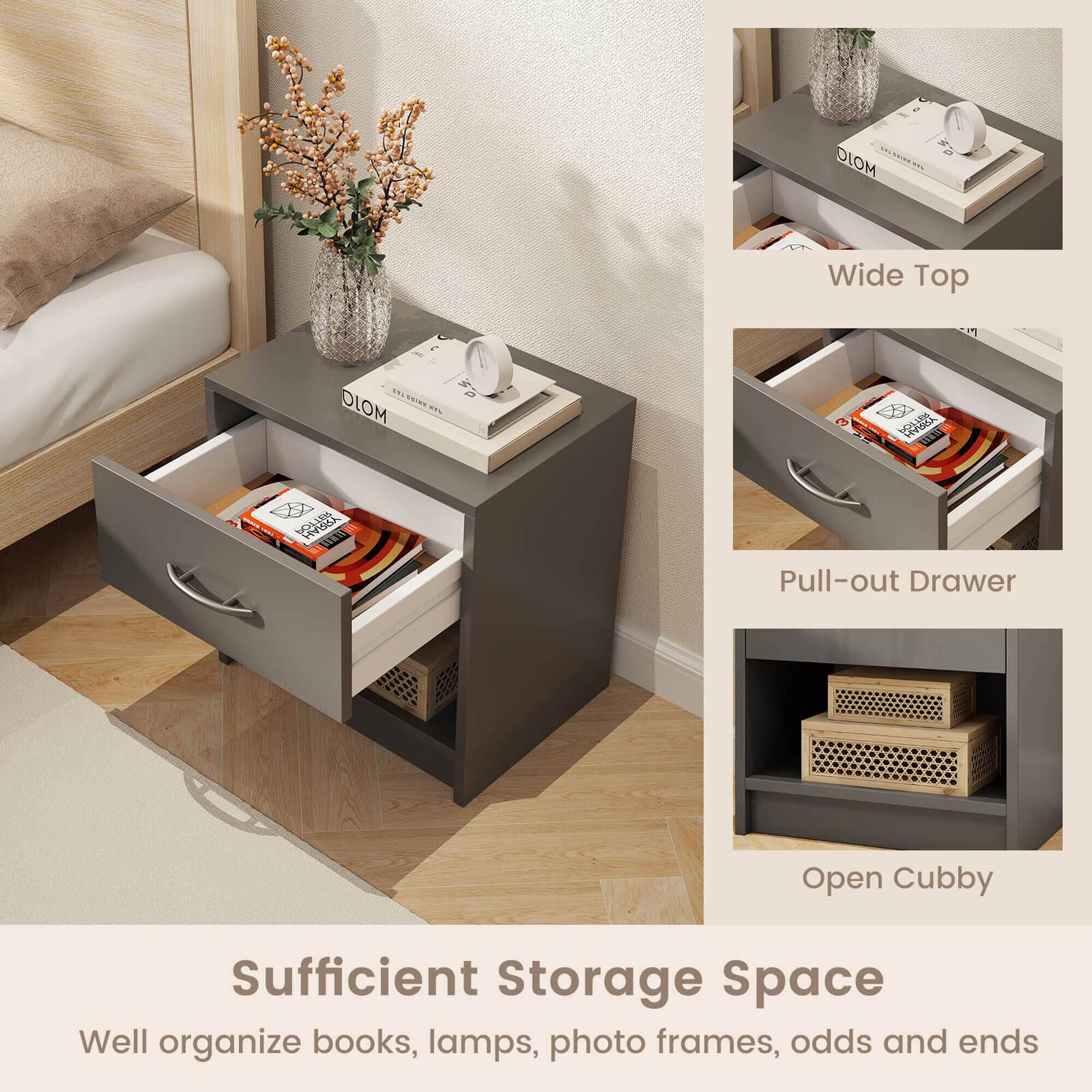 Sufficient Storage Space
Well organize books, lamps, photo frames, odds and ends
DIOM Wide Top
K 0 Pull-out Drawer
Open Cubby