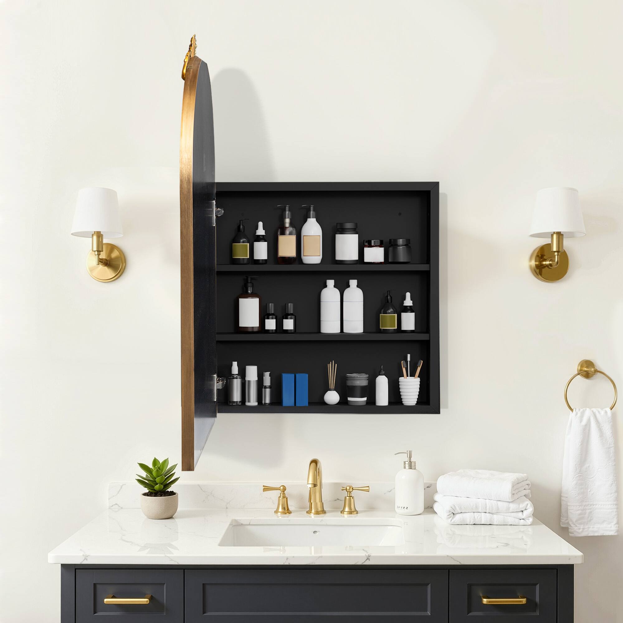 Left. Lirago - Lirago Arch Gold Iron Recessed Medicine Cabinet with Mirror Adjustable Shelves Shatterproof Glass - Gold.