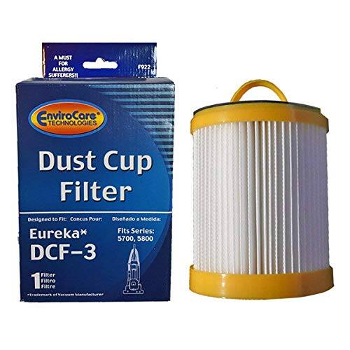 A MUST FOR ALLERGY SUFFERERS!!  
EnviroCore TECHNOLOGIES Dust Cup Filter  
Designed to Fit Concus Pour: Diseñado a Medida: Eureka*  
Fits Series: 5700, 5800  
DCF-3 Filter  
1 Filtro  
Manufacturer: EnviroCore Technologies  
Filter Service: 5700, 5800