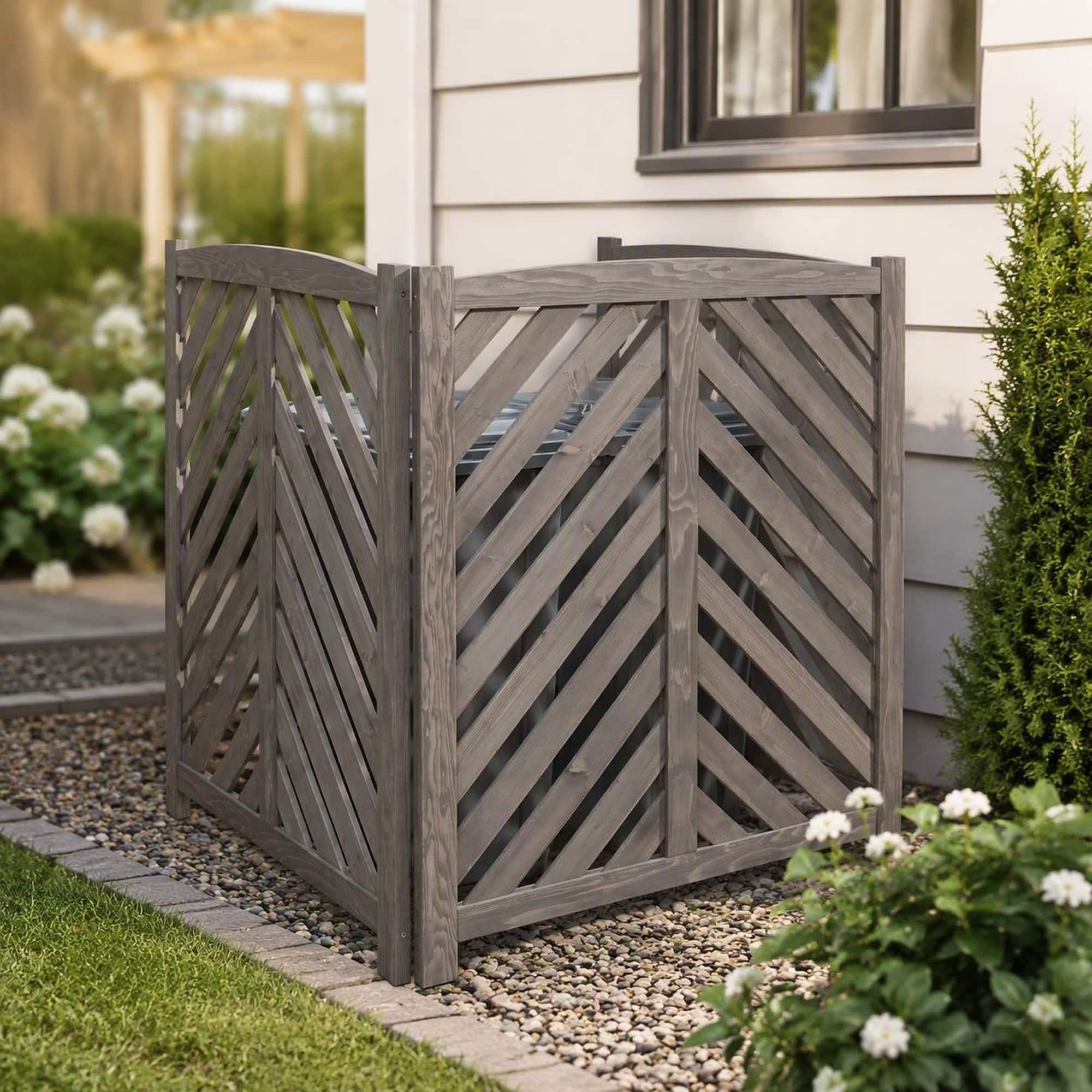 Front. RYHNUYNE - Cedar 3 Panel Outdoor Privacy Screen for Air Conditioner and Trash Can Enclosure, 32 Inch Wide by 38 Inch Tall - Gray.
