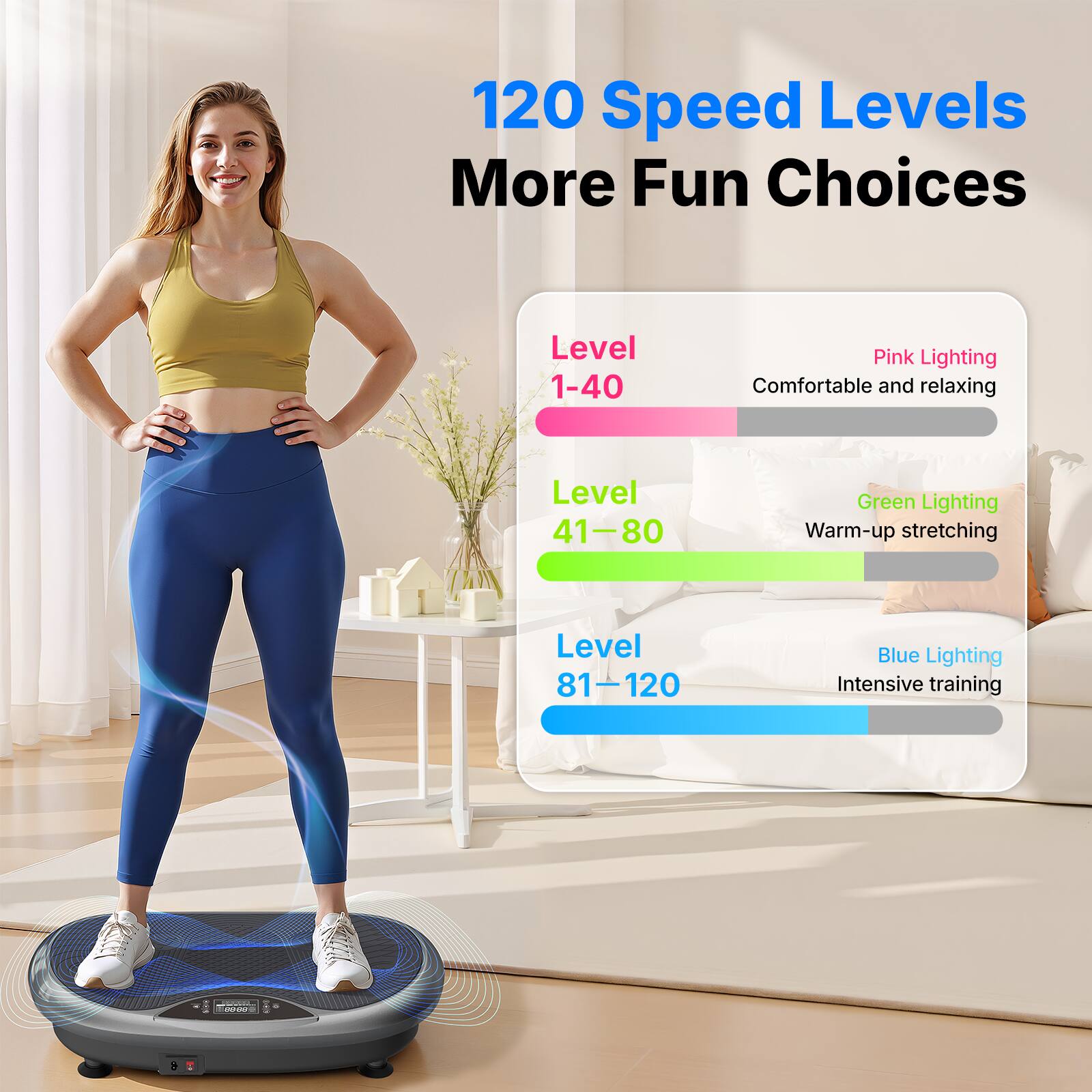 120 Speed Levels More Fun Choices

Level 1-40: Pink Lighting - Comfortable and relaxing

Level 41-80: Green Lighting - Warm-up stretching

Level 81-120: Blue Lighting - Intensive training