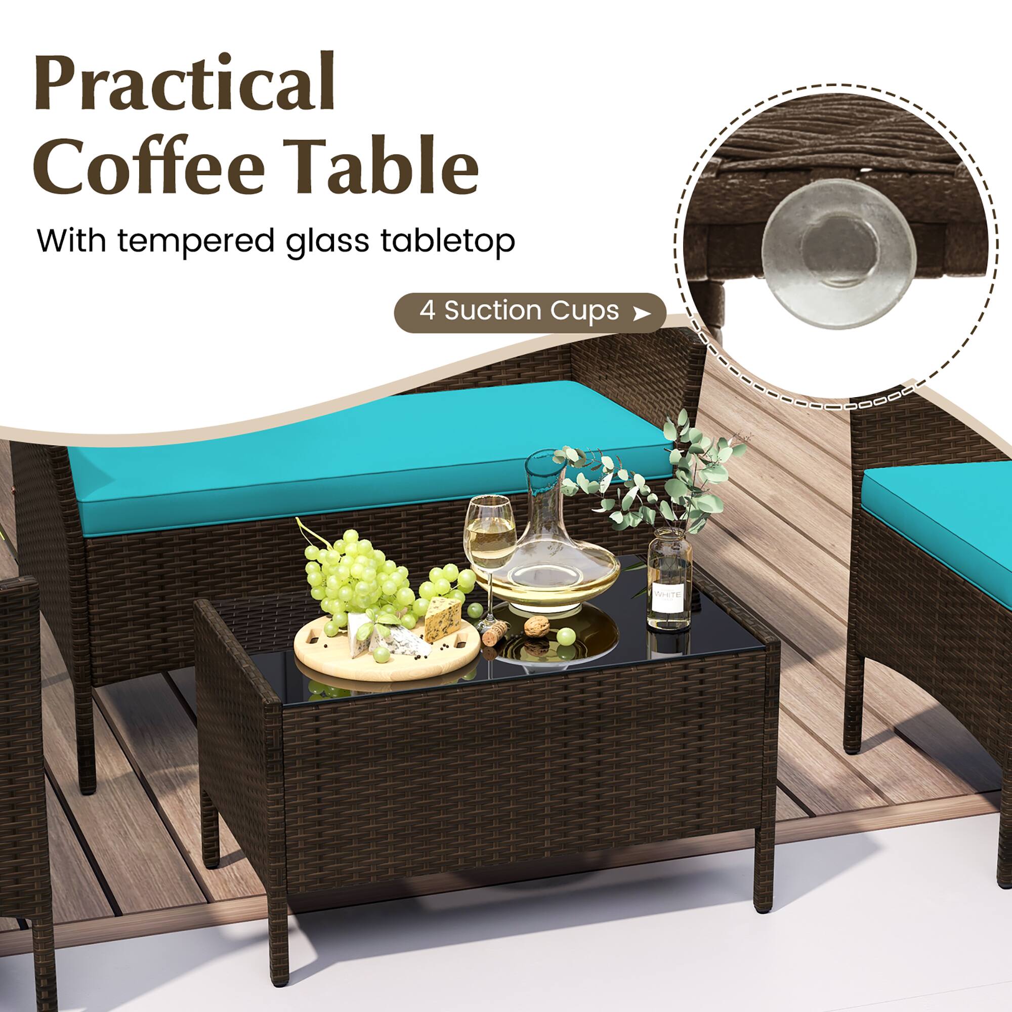 Practical Coffee Table With tempered glass tabletop 4 Suction Cups