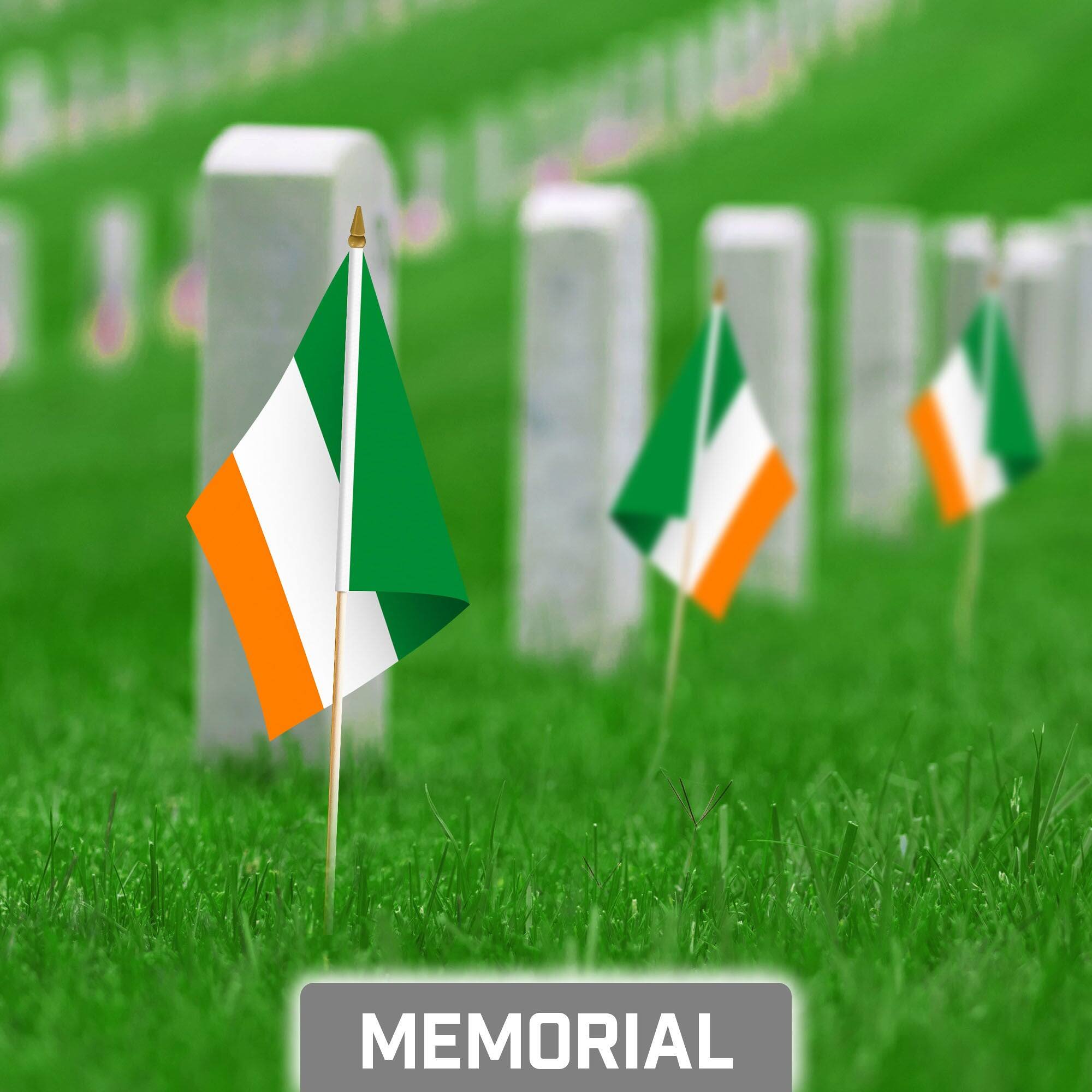 Back. G128 - 12-Pack Ireland Handheld Stick Flags 8x12 in 150D Polyester Wooden Pole with Gold Spear Tip - Assorted Colors.