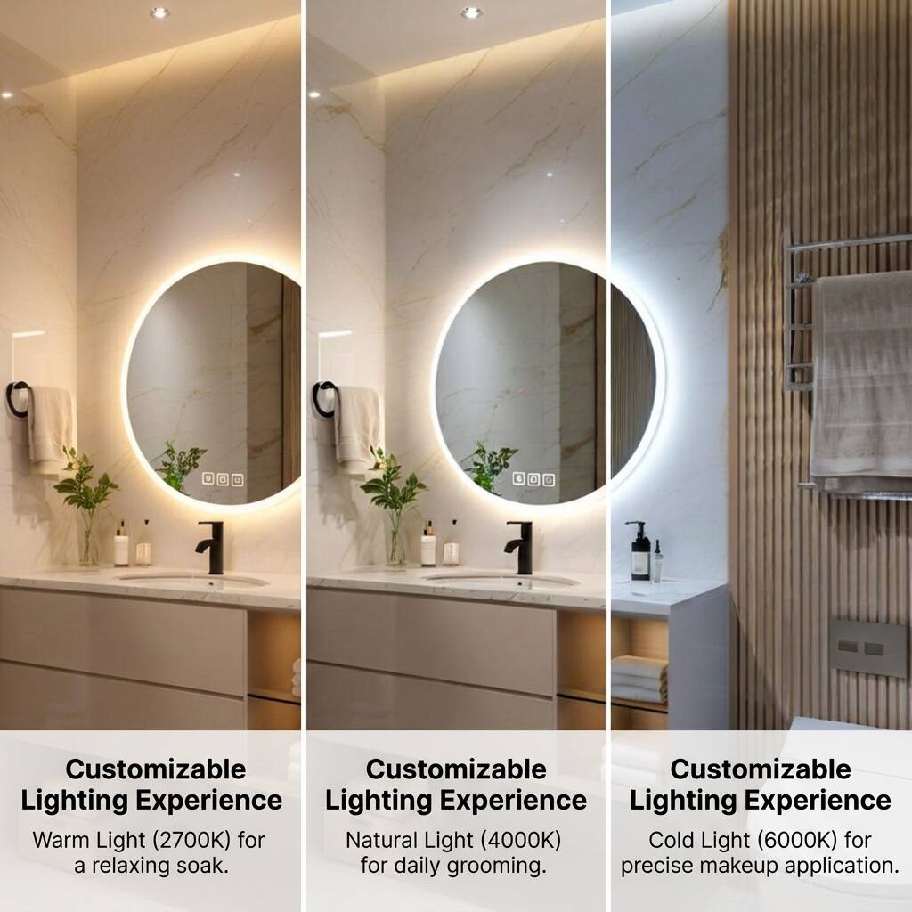 Customizable Lighting Experience  
Warm Light (2700K) for a relaxing soak.  

Customizable Lighting Experience  
Natural Light (4000K) for daily grooming.  

Customizable Lighting Experience  
Cold Light (6000K) for precise makeup application.